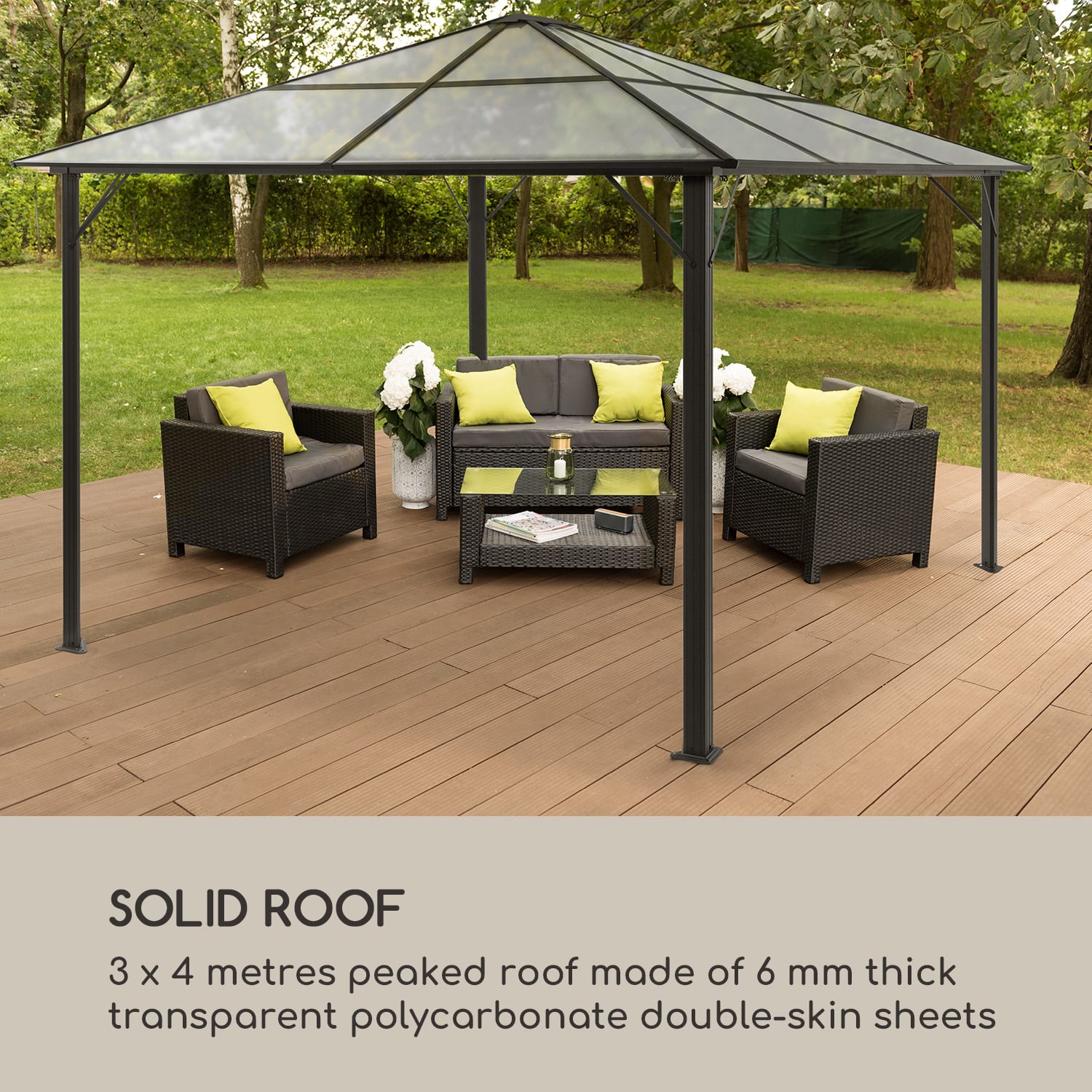 Pantheon, Solid Sky Ambient Solar Pavilion, with roof, 3x4m, polycarbonate aluminium, illuminated 3 x 4 m | Transparent