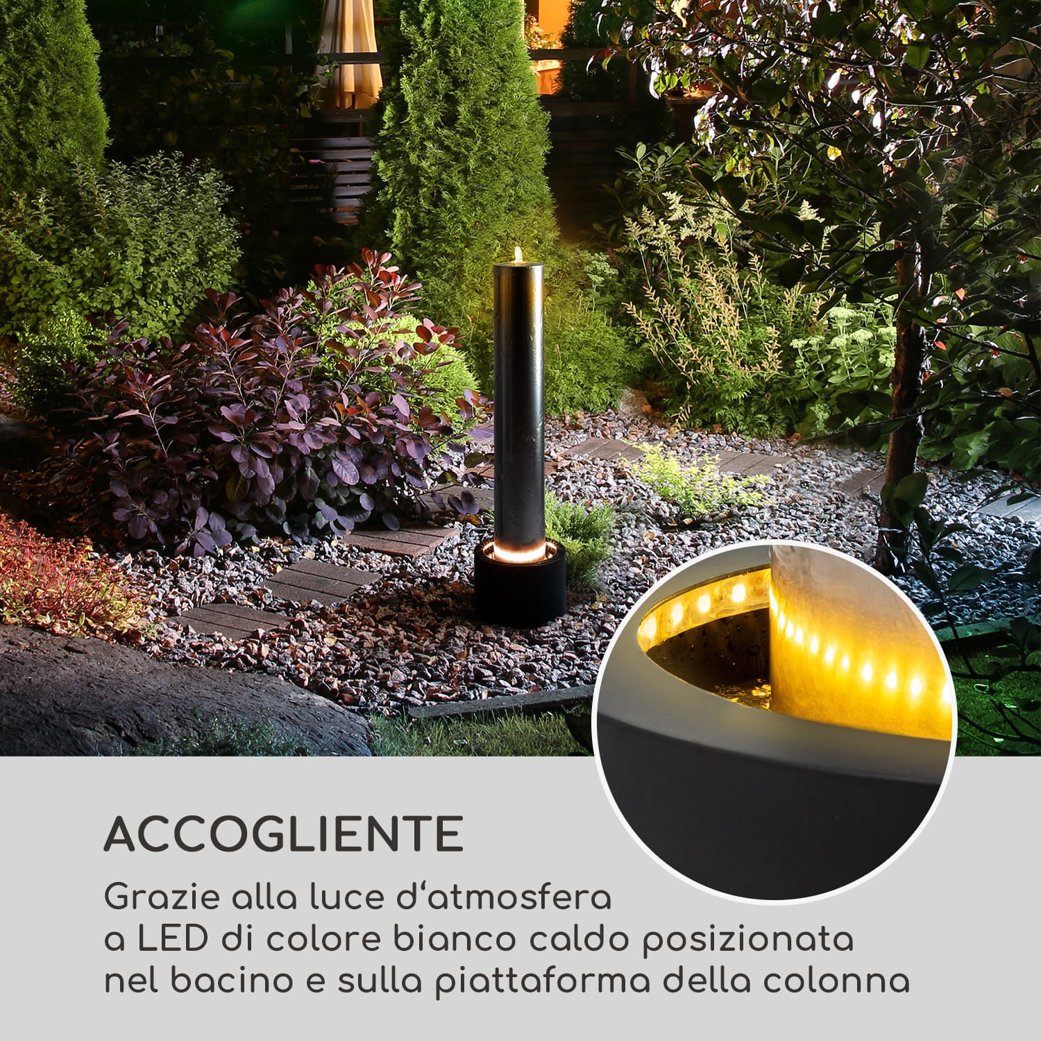 Ayana Fontana decorativa da giardino, pompa da 12 W, acciaio, LED 