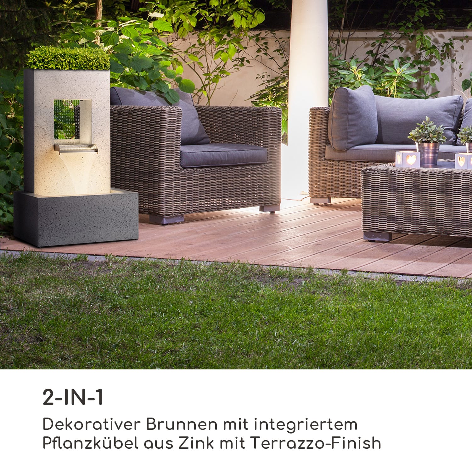 Bloomingstone Brunnen Gartenbrunnen Zierbrunnen 20W Pumpe Zink LED 