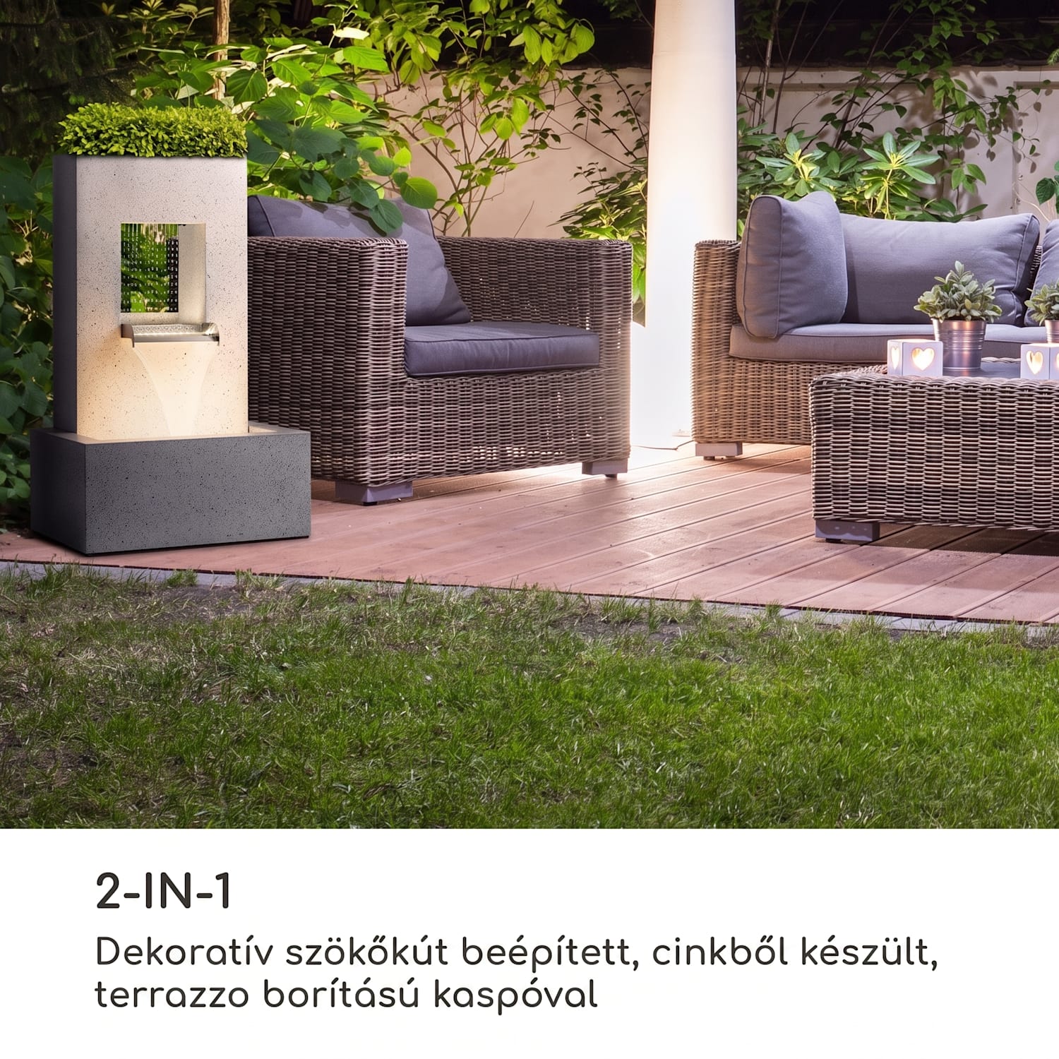 Bloomingstone, szökőkút, kerti szökőkút, díszszökőkút, 20 W, szivattyú, cink, LED 