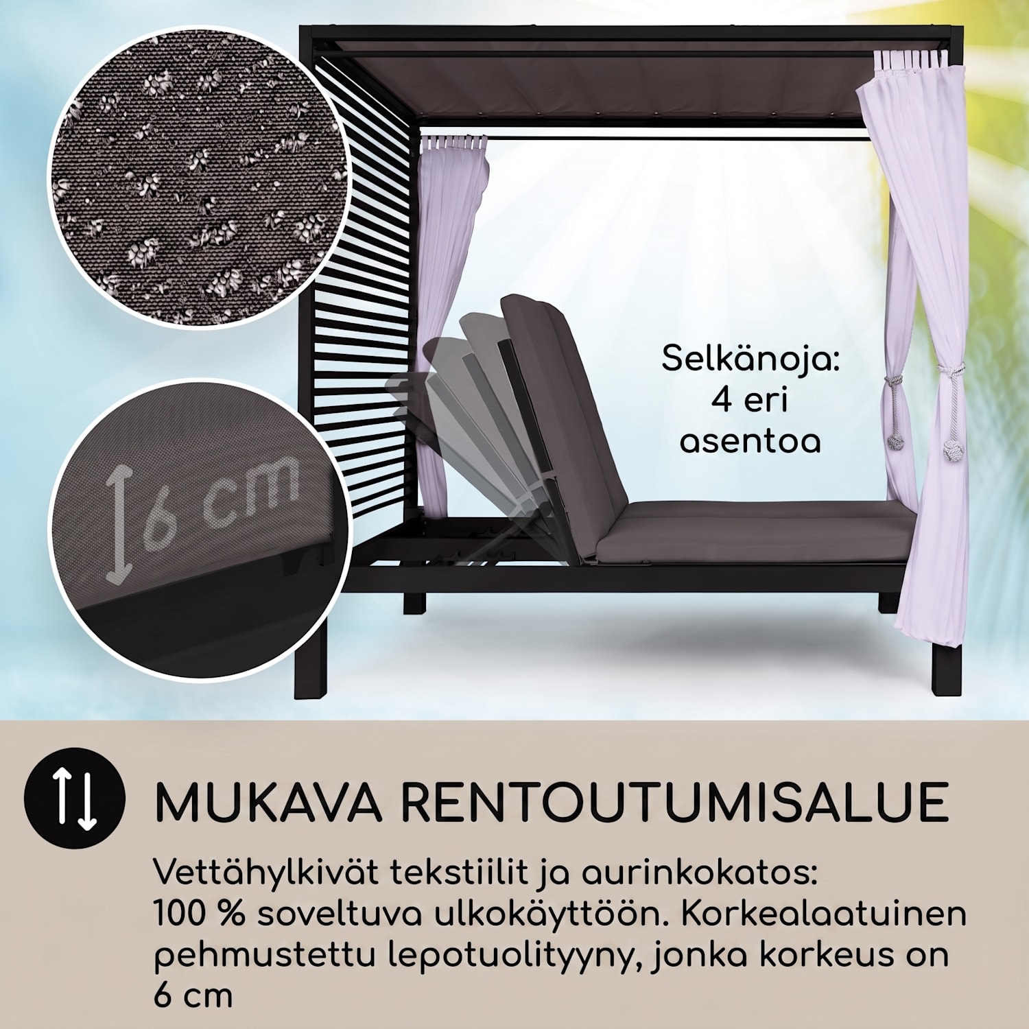 Eremitage Double Lux -aurinkotuoli 4 makuuasentoa 2 hengelle 6 cm:n pehmuste Musta