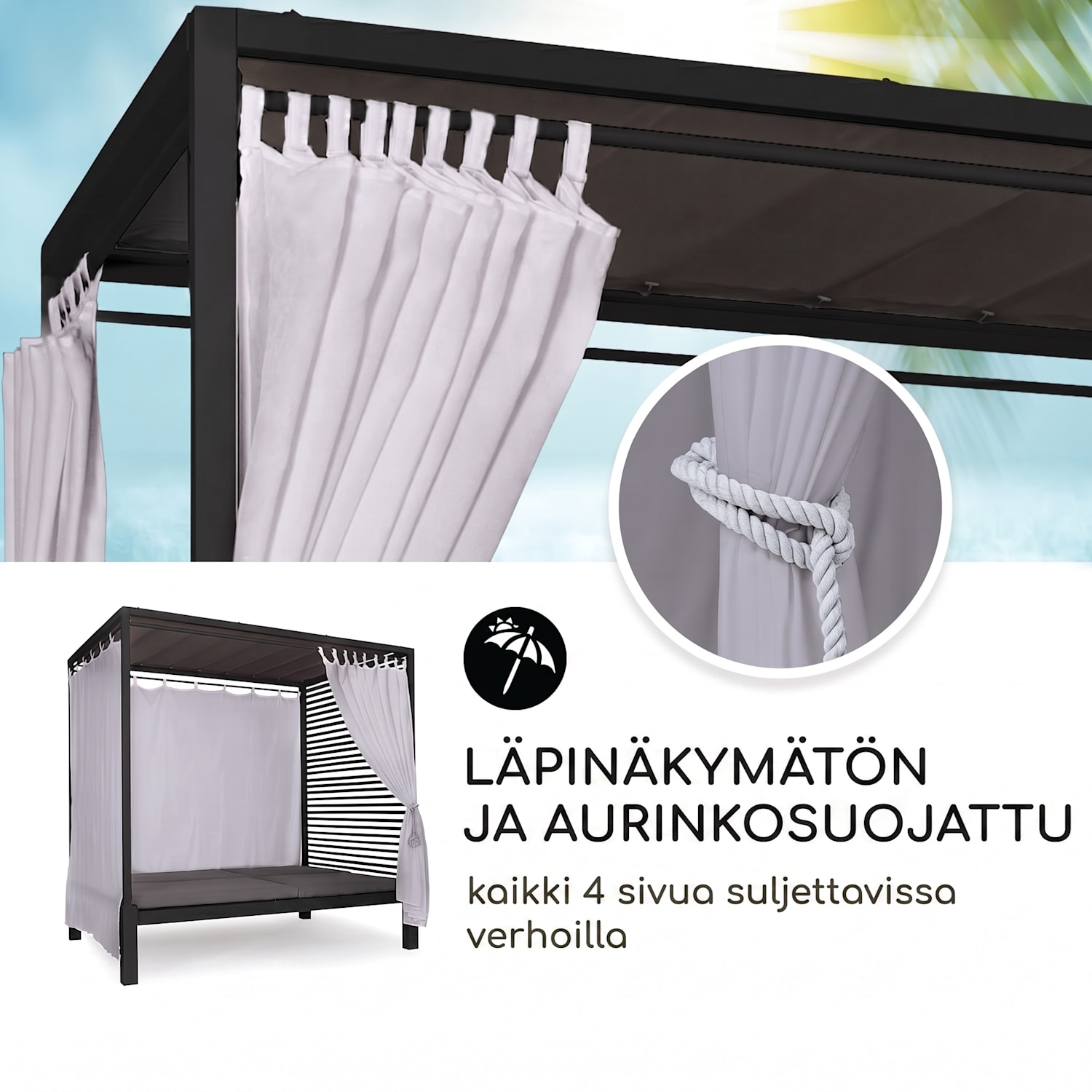 Eremitage Double Lux -aurinkotuoli 4 makuuasentoa 2 hengelle 6 cm:n pehmuste Musta