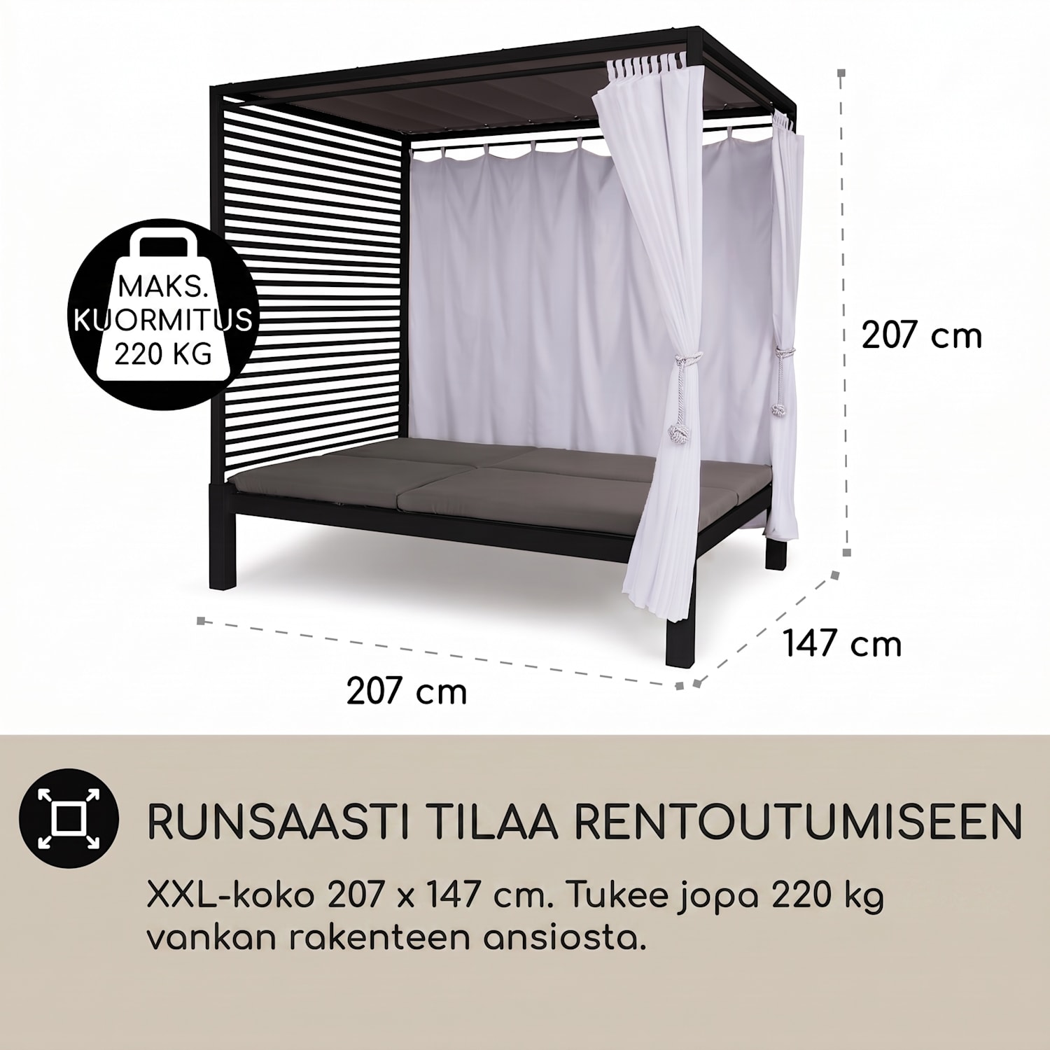 Eremitage Double Lux -aurinkotuoli 4 makuuasentoa 2 hengelle 6 cm:n pehmuste Musta