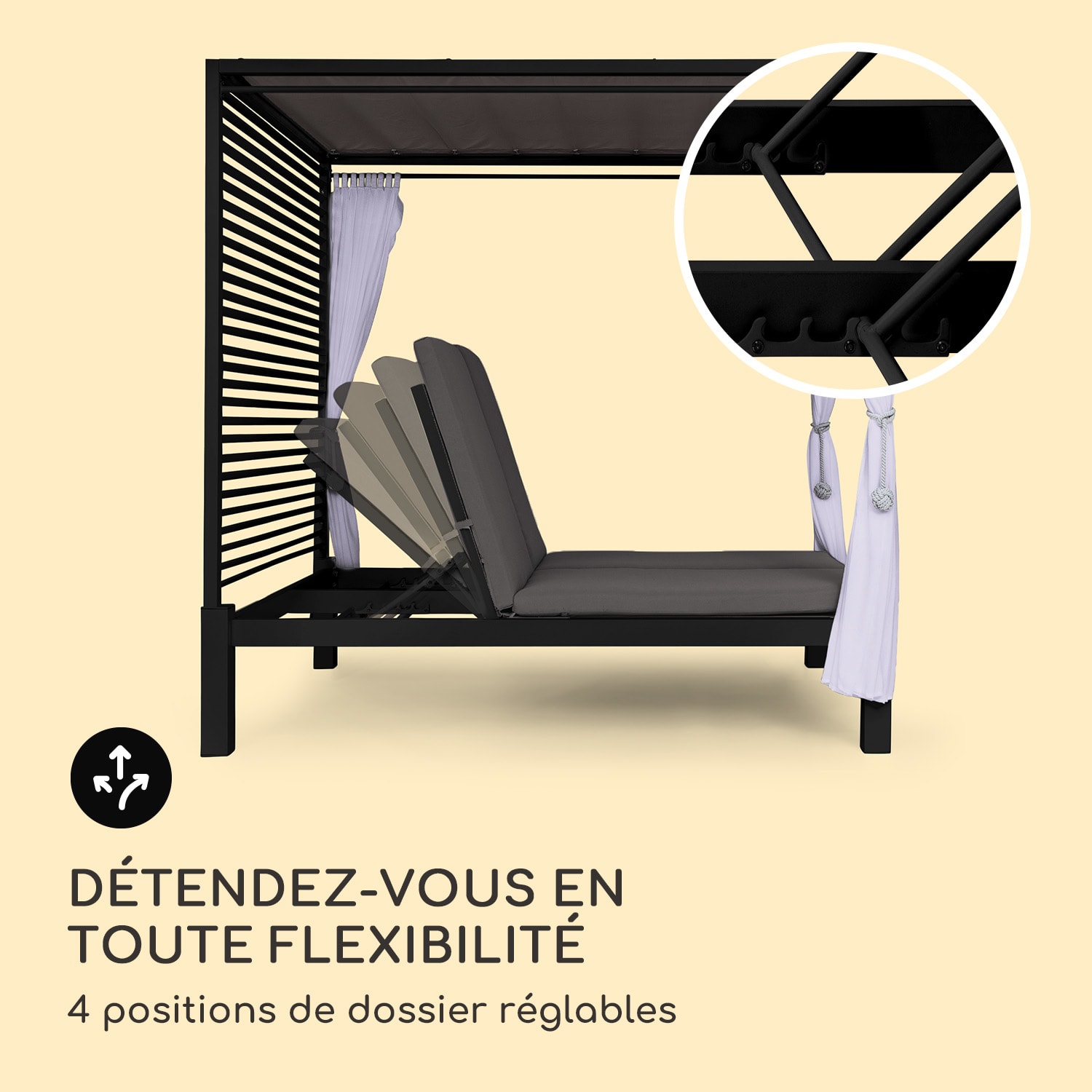 Chaise longue Eremitage Double Lux 4 positions d'inclinaison 2 personnes coussin de 6 cm Noir