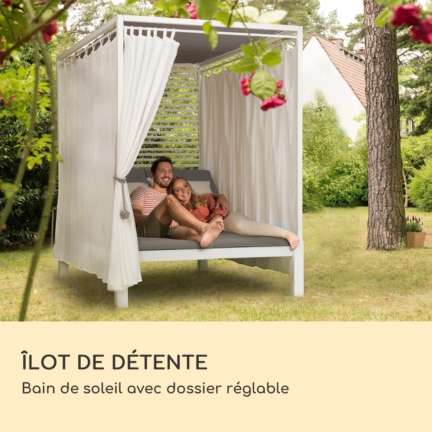 Chaise longue Eremitage Double Lux 4 positions d'inclinaison 2 personnes coussin de 6 cm Blanc / Gris Moyen