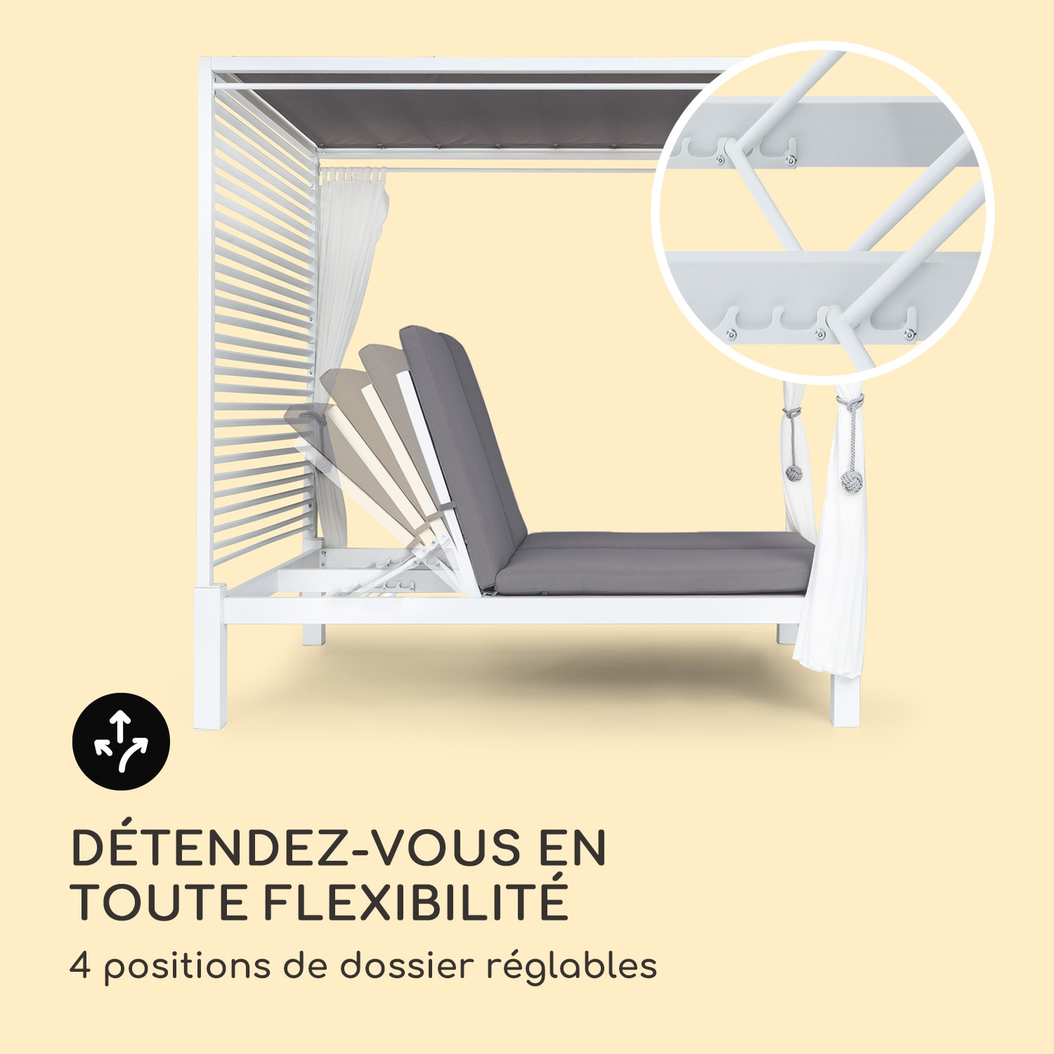 Chaise longue Eremitage Double Lux 4 positions d'inclinaison 2 personnes coussin de 6 cm Blanc / Gris Moyen