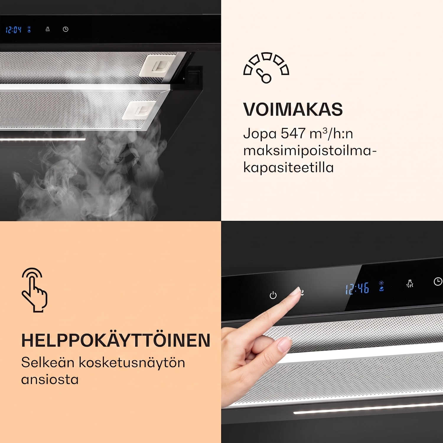 Mariana Neo 60, litteä liesituuletin, 60 cm, 547 m³/h, ilmanpoisto, LED 60 cm | Musta