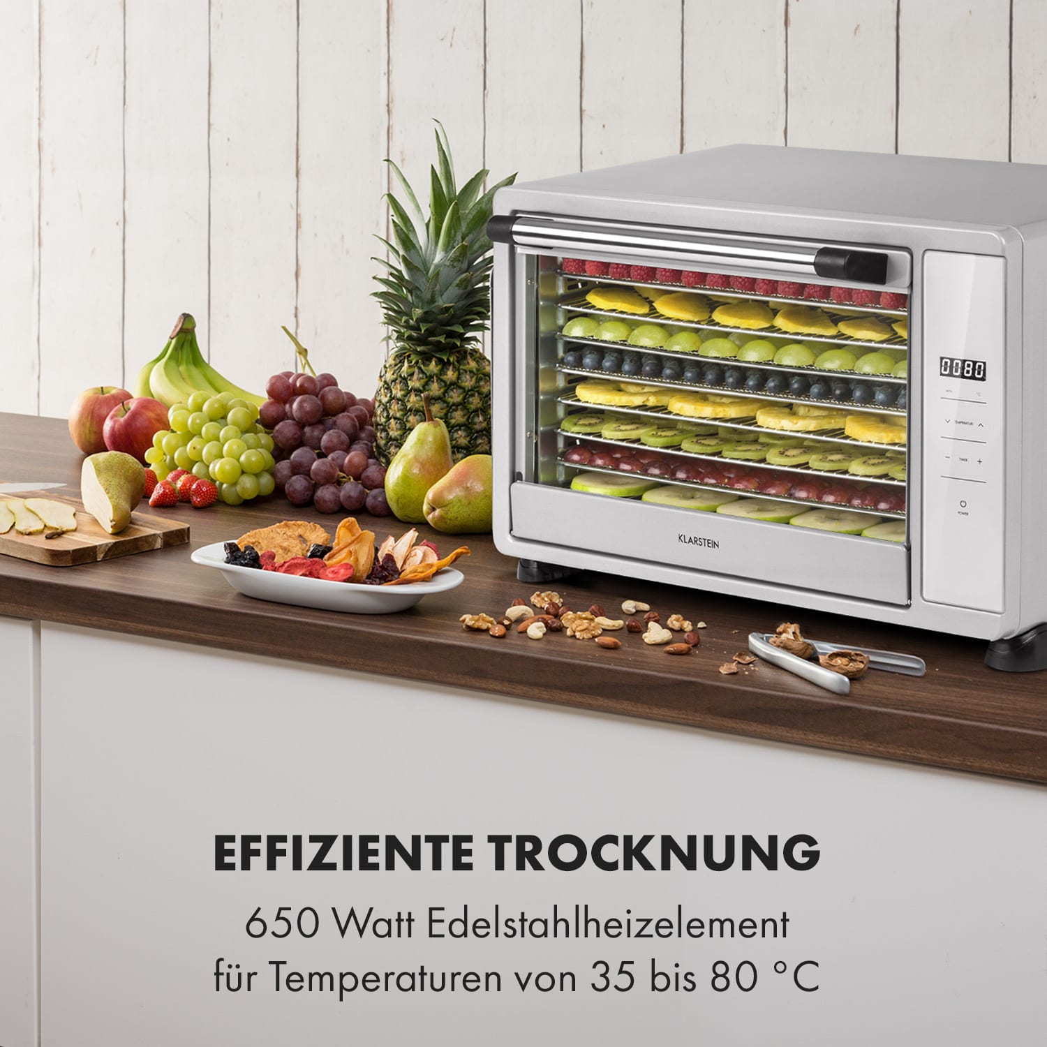 Mega Jerky Dörrautomat 650W 35-80°C LC-Touch-Display Timer 8 Ebenen Silber-Metallic