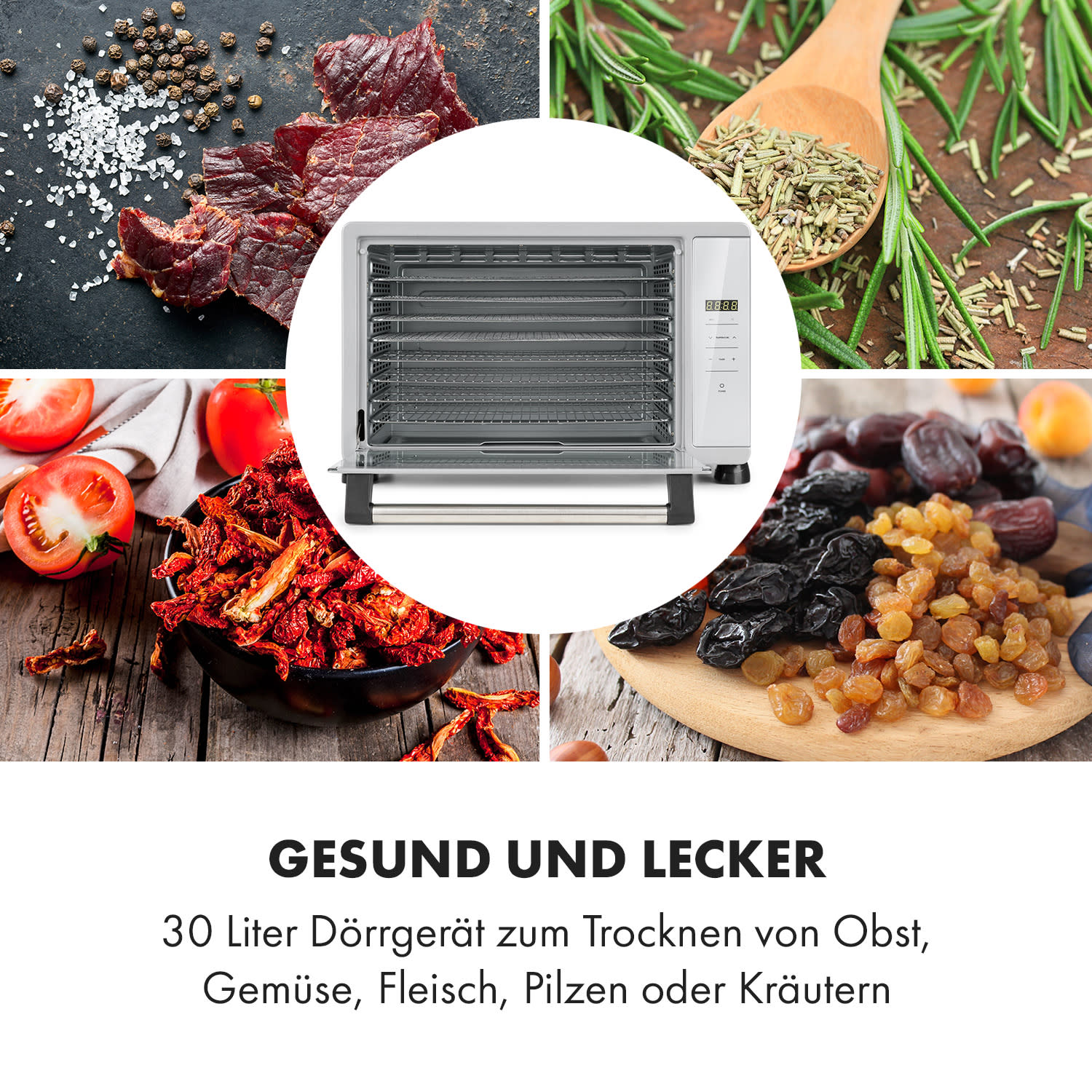Mega Jerky Dörrautomat 650W 35-80°C LC-Touch-Display Timer 8 Ebenen Silber-Metallic