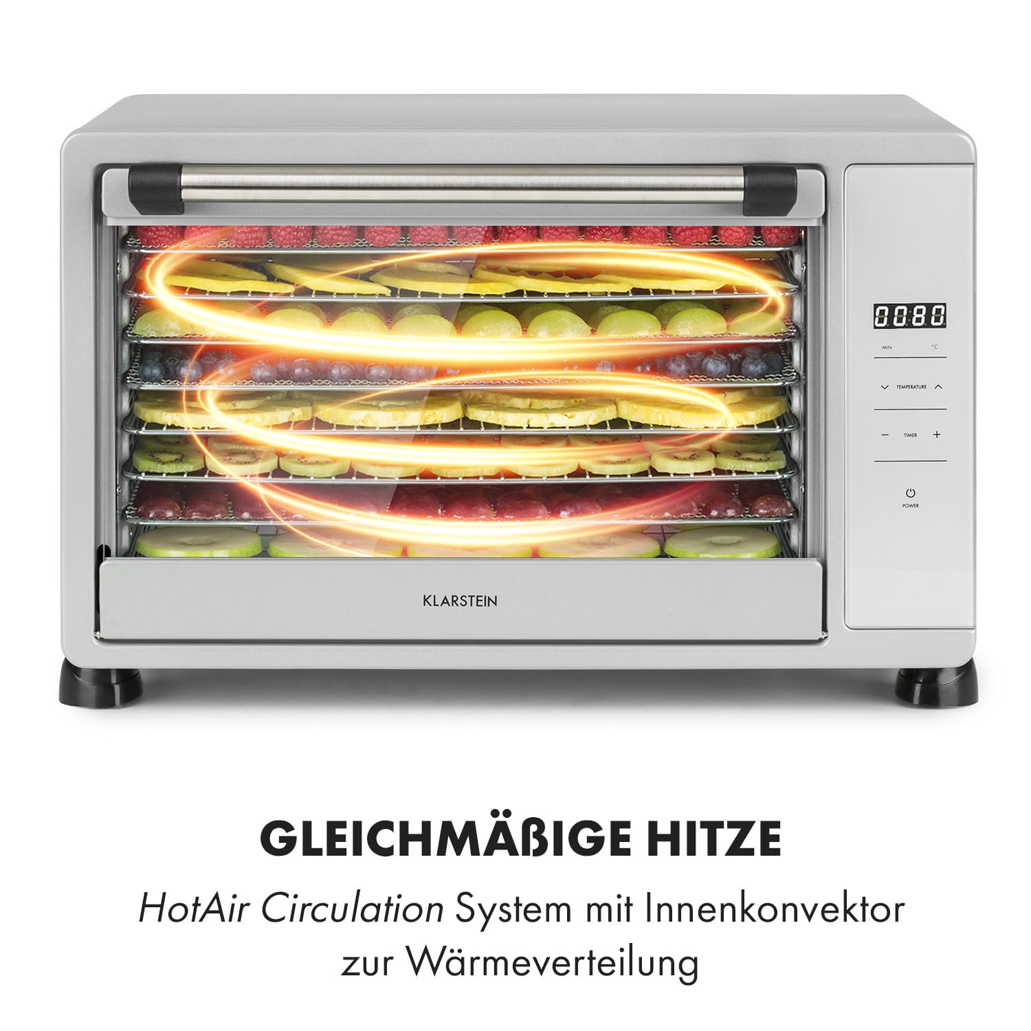 Mega Jerky Dörrautomat 650W 35-80°C LC-Touch-Display Timer 8 Ebenen Silber-Metallic