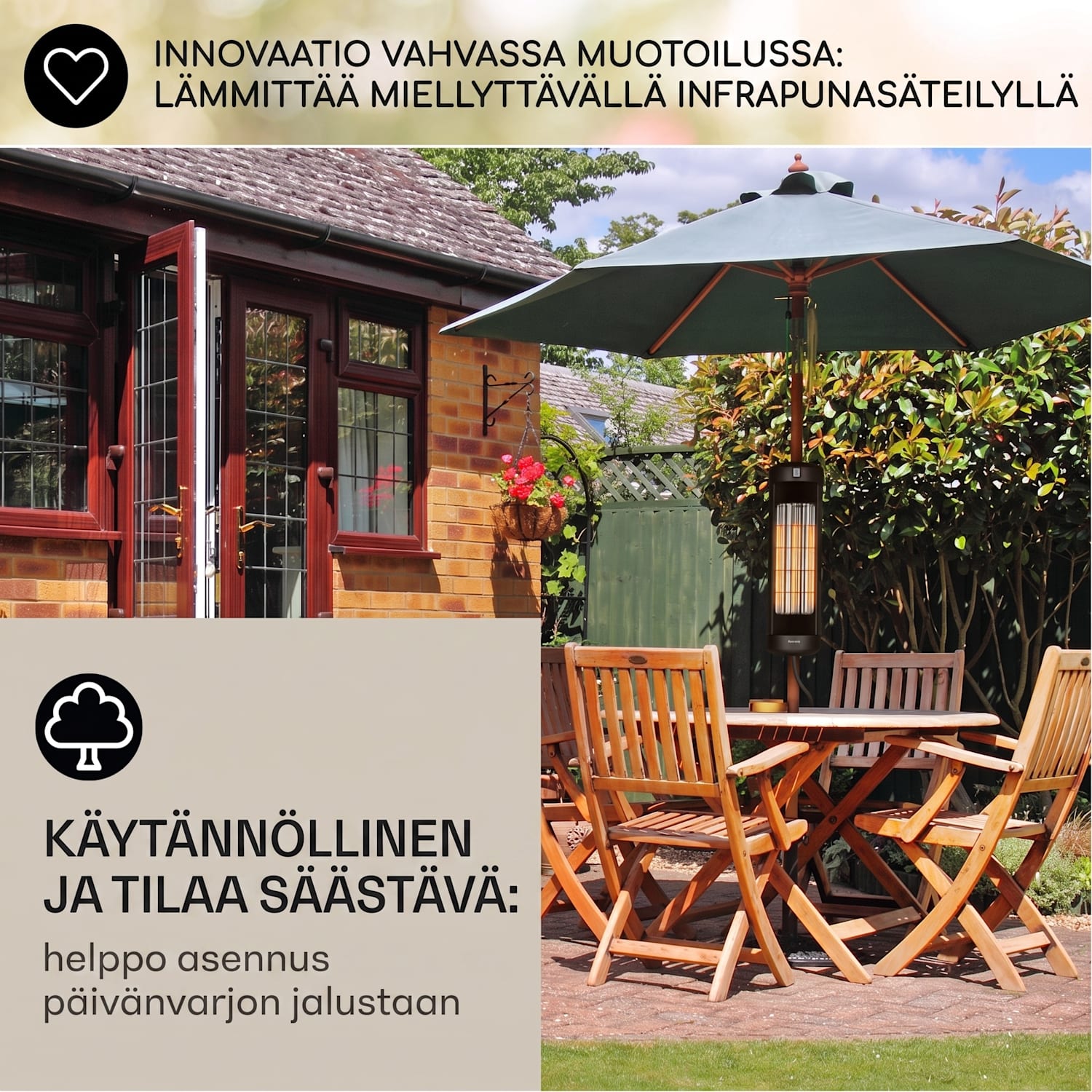 Heat Guru Turbo lämmitin 2000 W IP54 ulkokäyttöön asennus aurinkovarjoon 