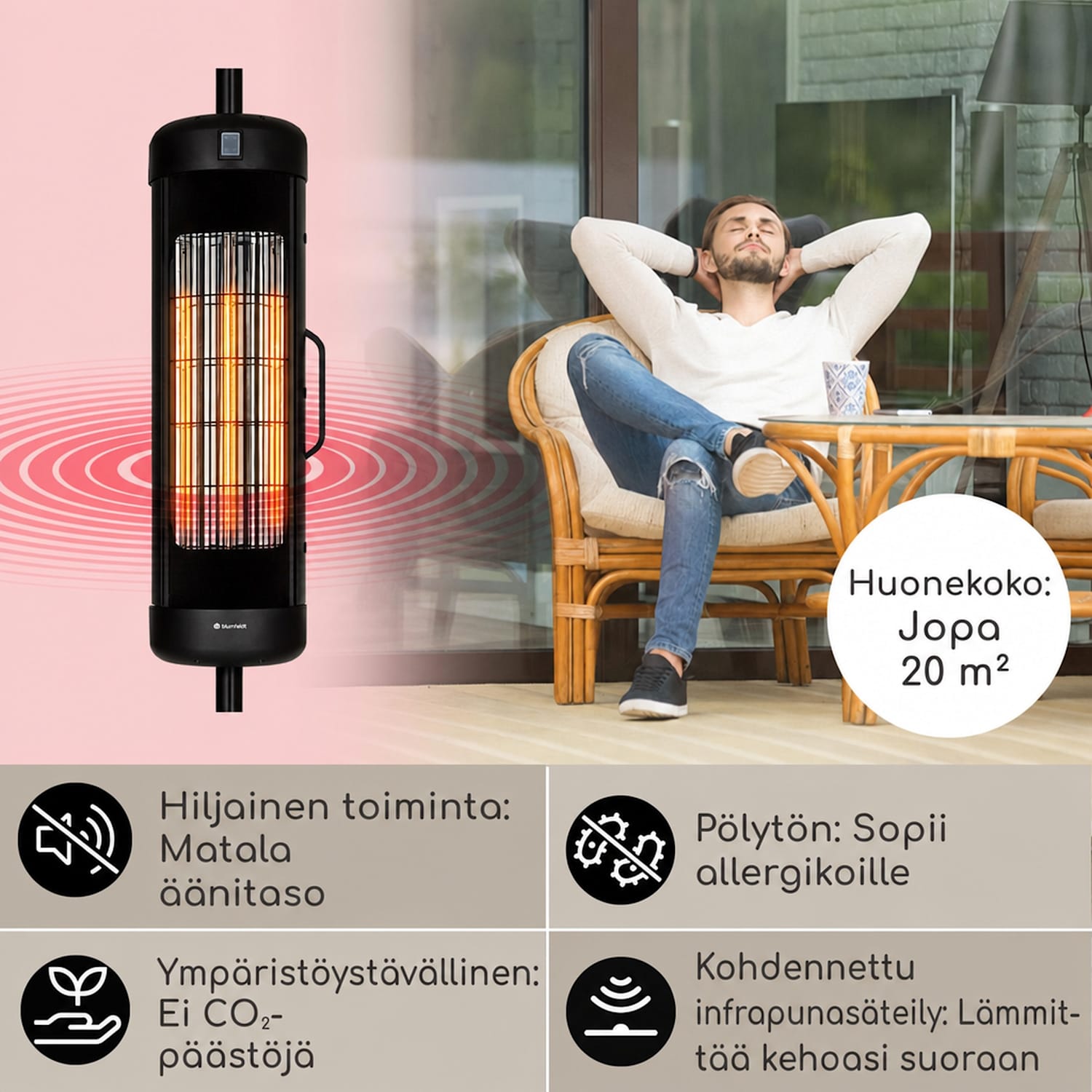 Heat Guru Turbo lämmitin 2000 W IP54 ulkokäyttöön asennus aurinkovarjoon 