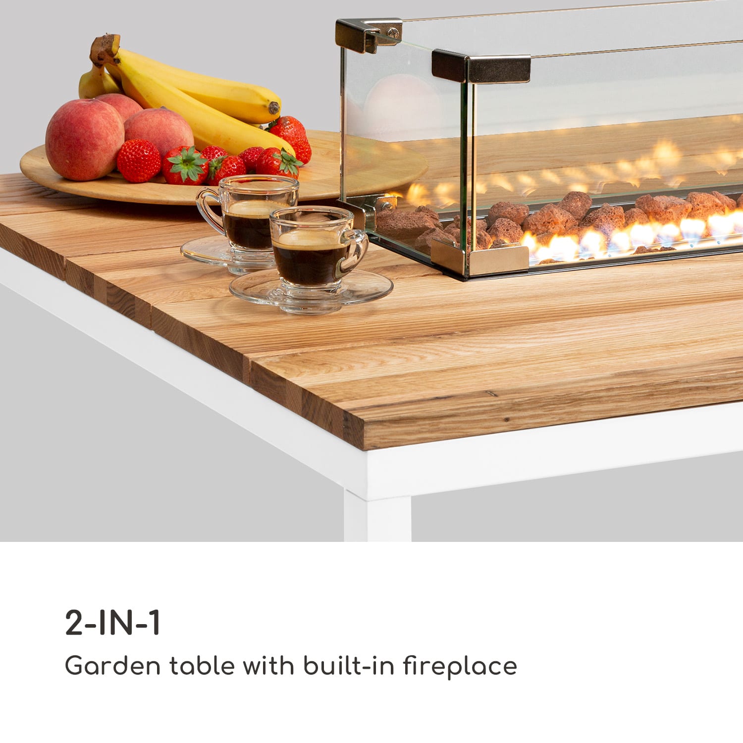 Tofino, stufa a gas con tavolo, metallo, legno di quercia, pietra lavica, 7 kW Branco