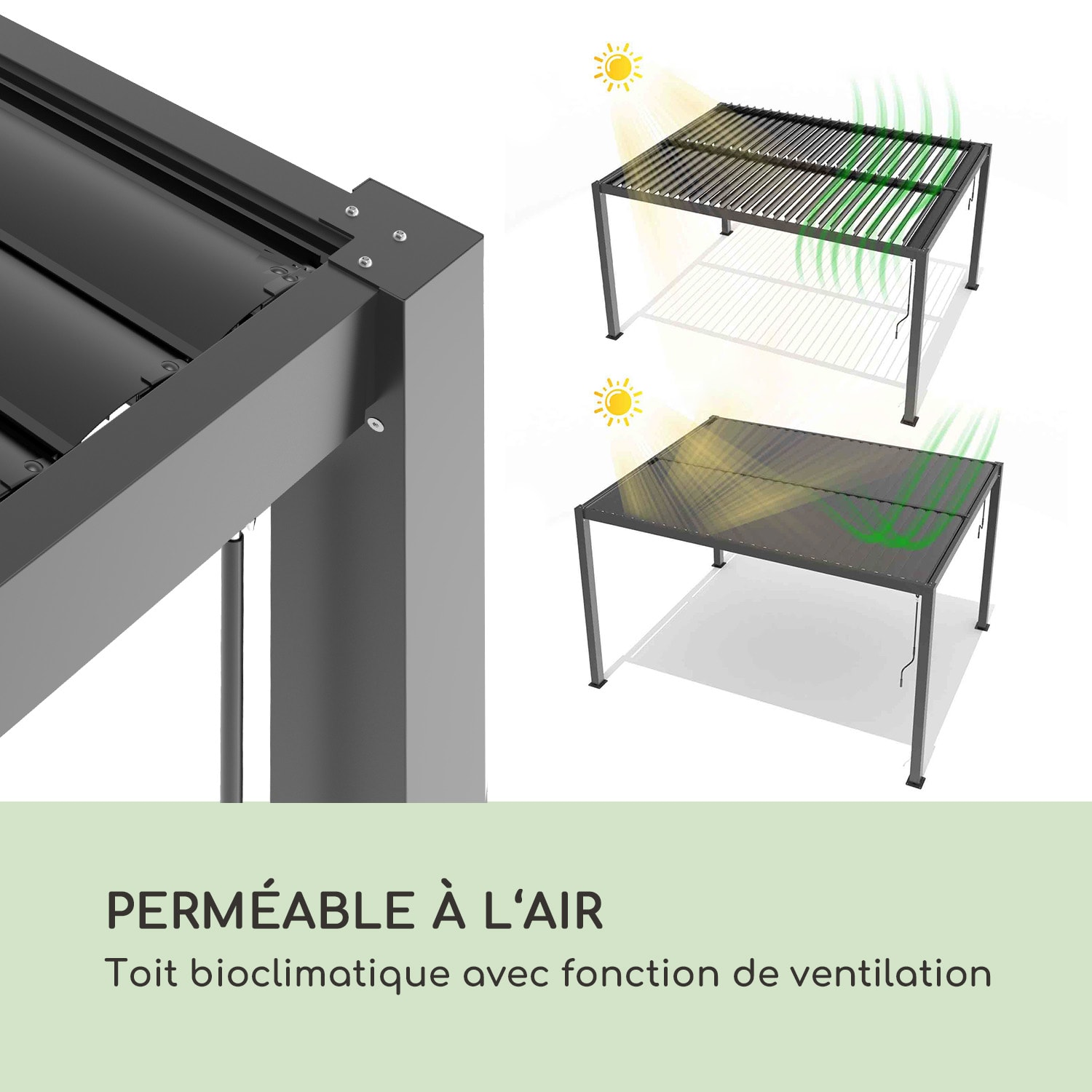 Pantheon Climax Ambient 3x3 m 4 poteaux d'angle toit bioclimatique 3 x 3 m | Noir