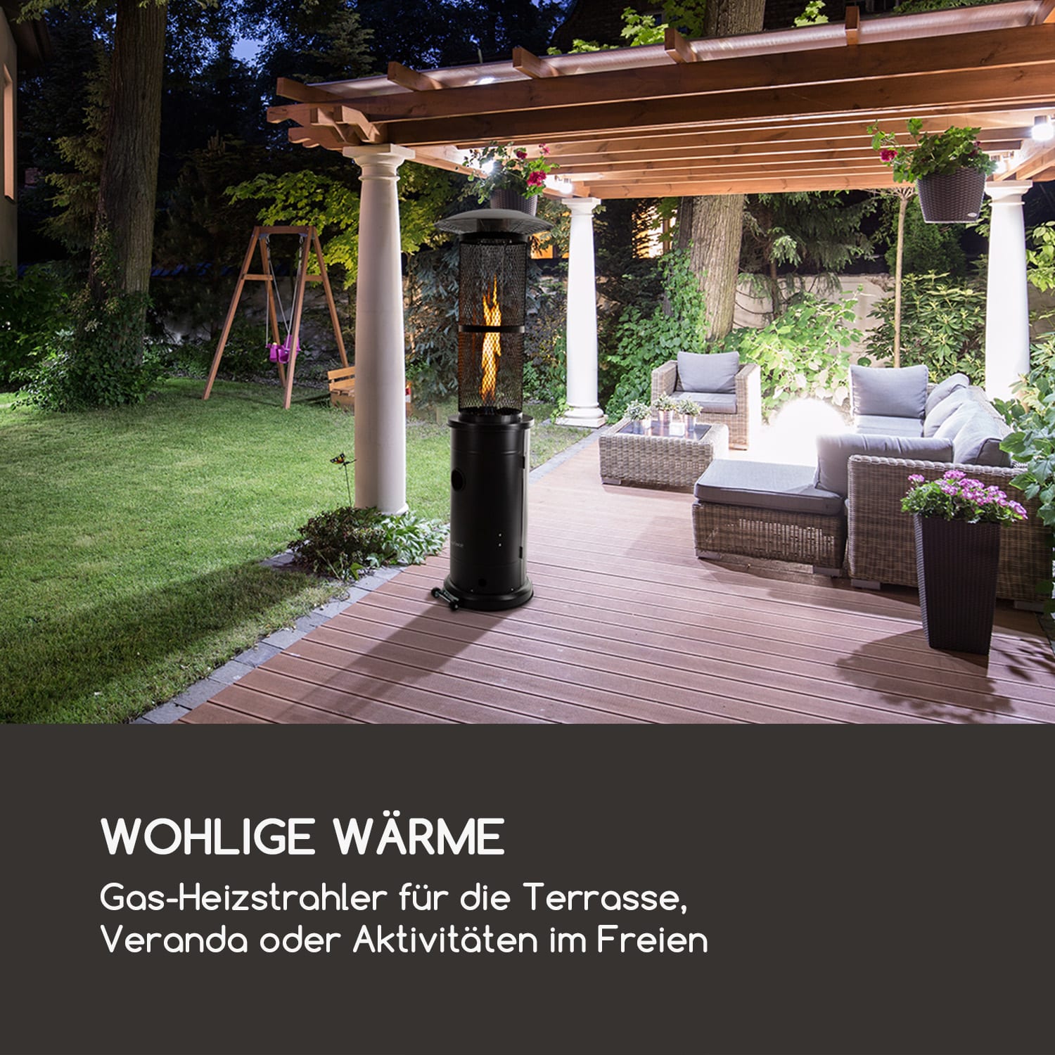 Goldflame Terrassenheizstrahler Gasheizer 11,2 kW Temperglas mobil Edelstahl Schwarz