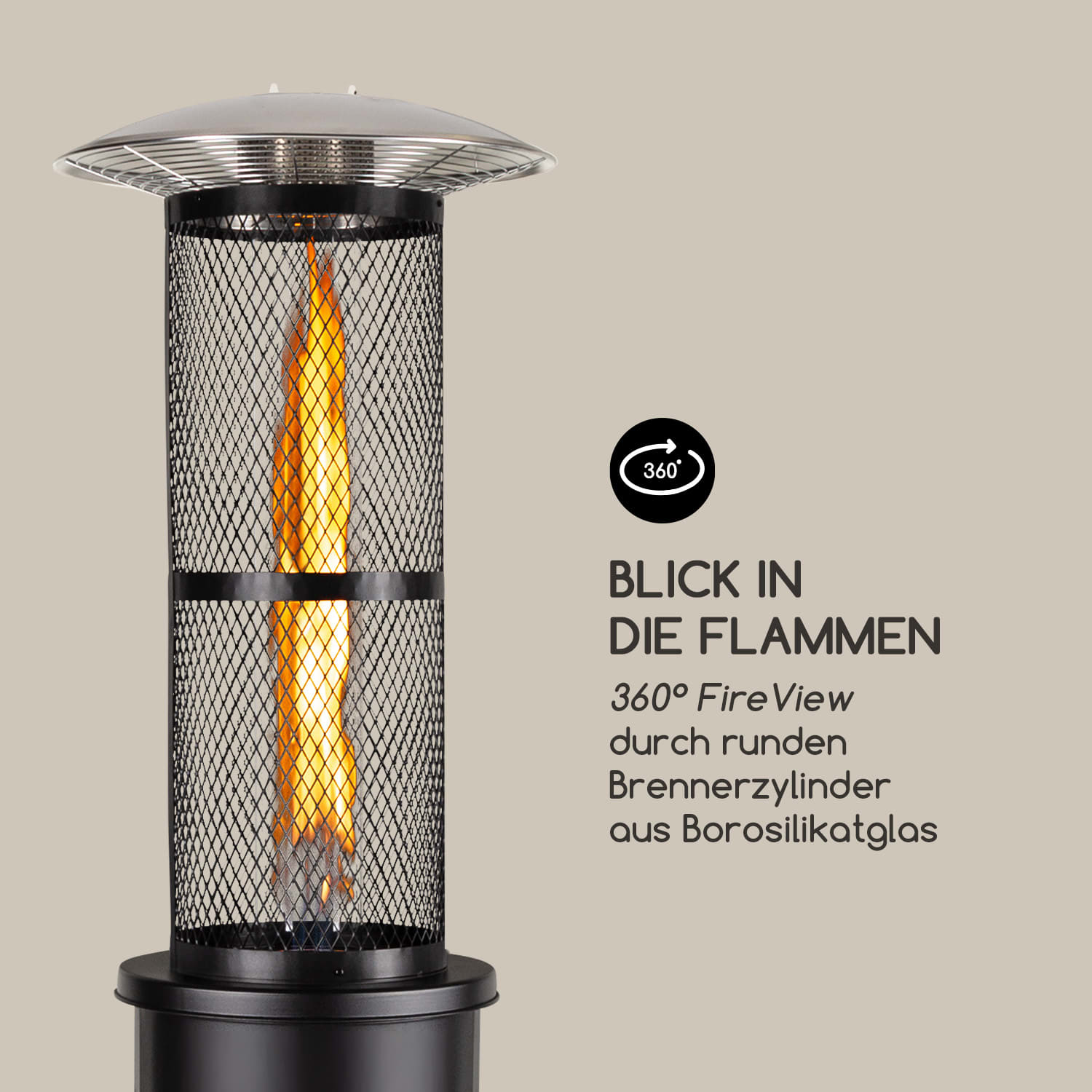 Goldflame Terrassenheizstrahler Gasheizer 11,2 kW Temperglas mobil Edelstahl Schwarz