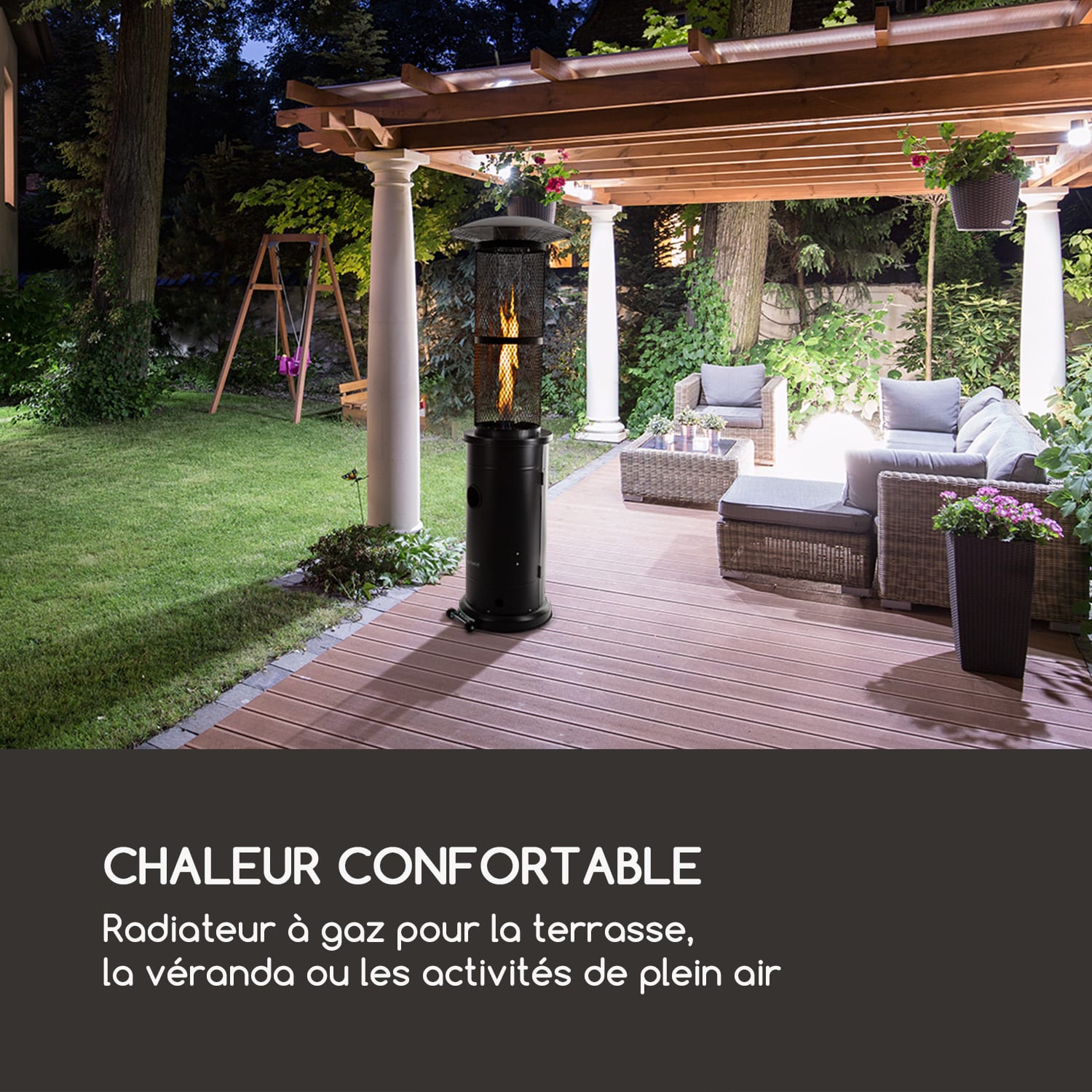 Goldflame chauffages de terrasse à gaz 11,2 kW verre trempé mobile en acier inoxydable Noir