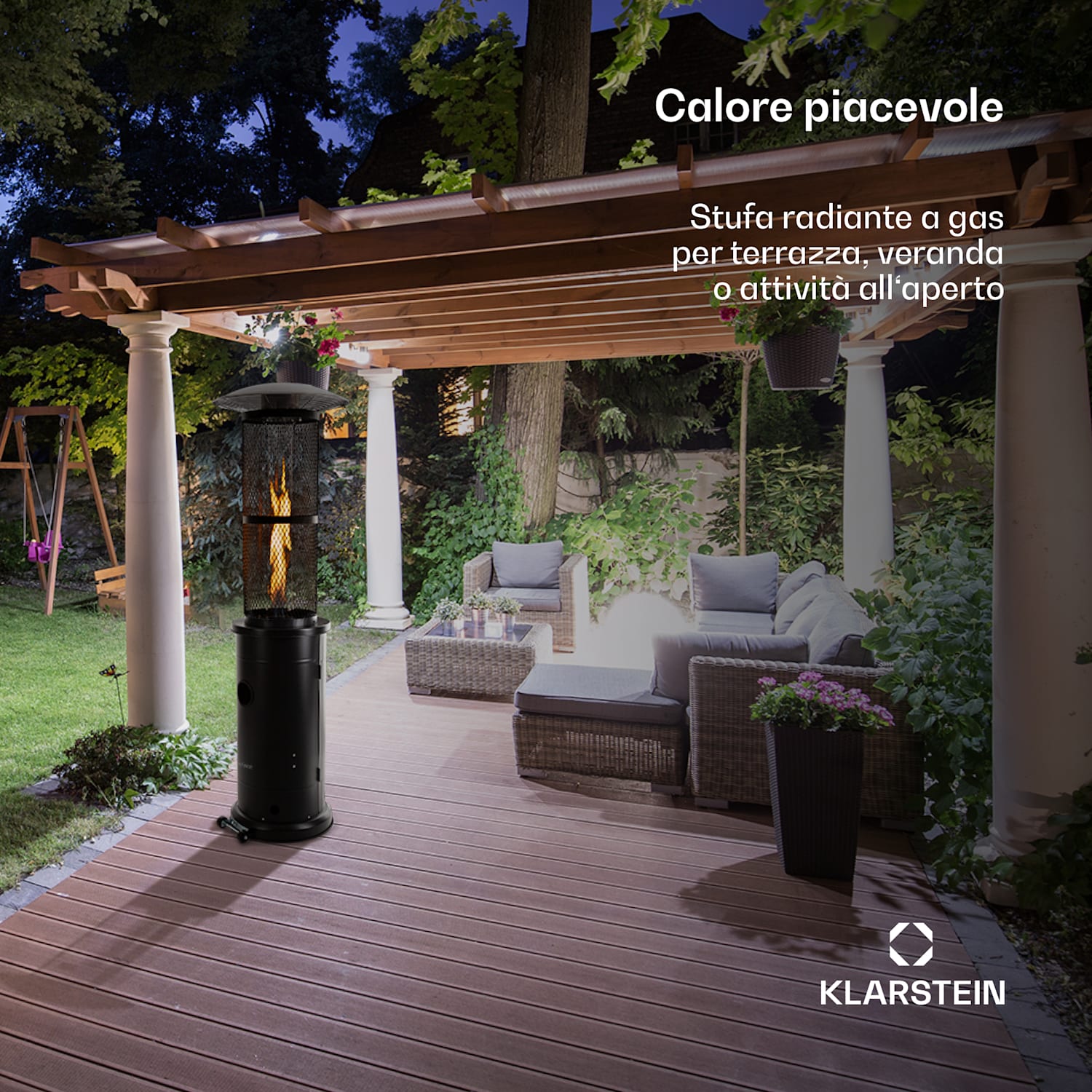 Goldflame riscaldatore a gas per terrazza 11,2 kW vetro temperato mobile in acciaio inox Nero