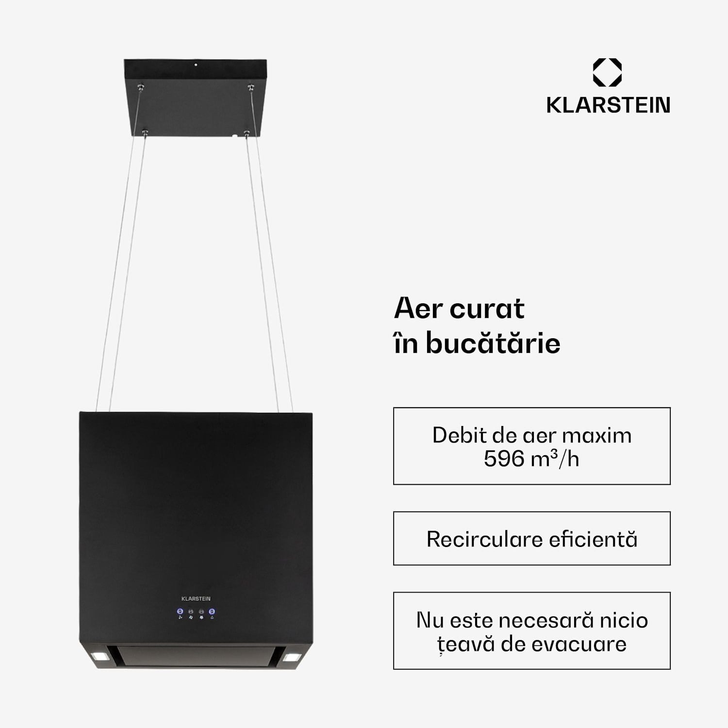 Kronleuchter, hota tip insulă, 596 m³ / h, panou LED, clasa de eficiență energetică A Negru