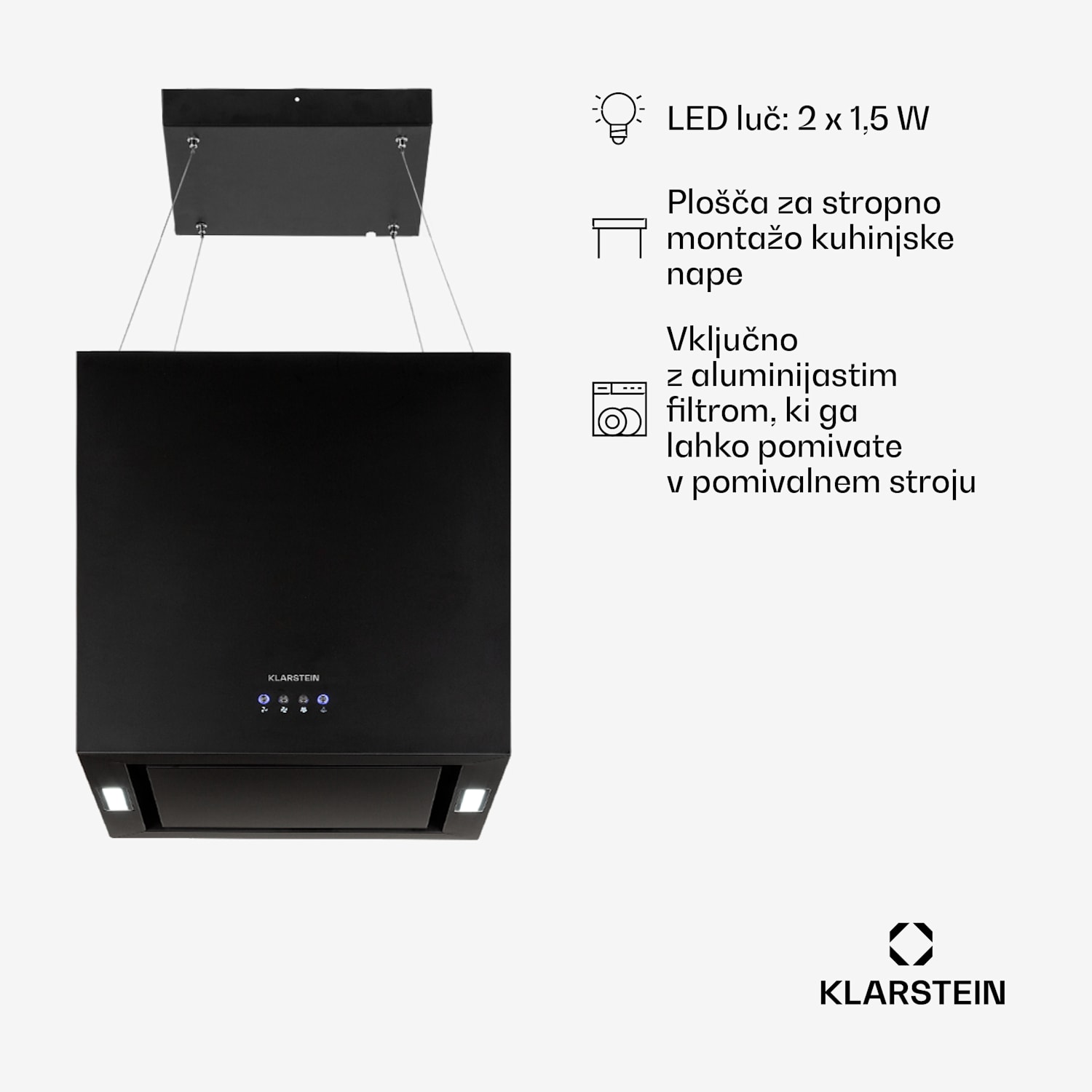 Kronleuchter, otoška napa, 596 m³/h, LED panel, razred energetske učinkovitosti A Črna
