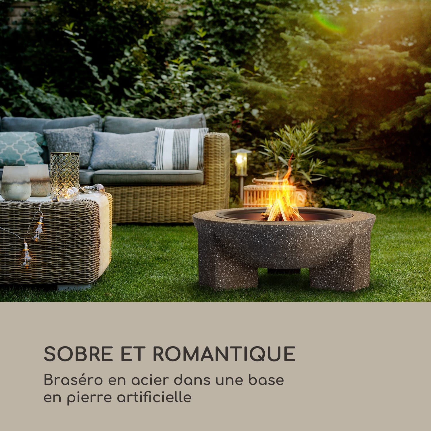 Troja braséro barbecue Ø 75 cm avec pare-étincelles en acier en pierre artificielle MgO résistante au feu Granit Gris Foncé