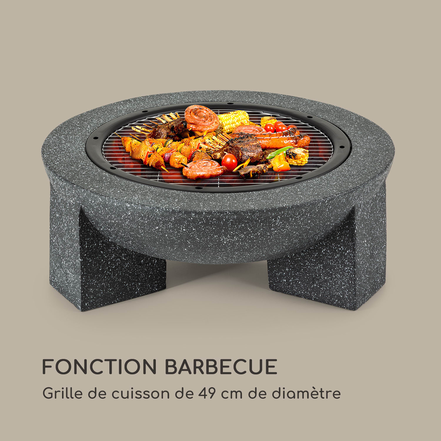 Troja braséro barbecue Ø 75 cm avec pare-étincelles en acier en pierre artificielle MgO résistante au feu Granit Gris Foncé