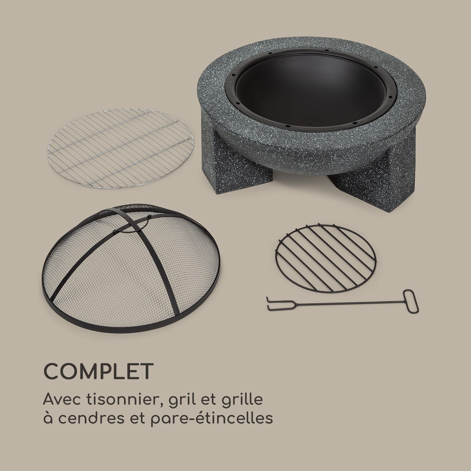 Troja braséro barbecue Ø 75 cm avec pare-étincelles en acier en pierre artificielle MgO résistante au feu Granit Gris Foncé