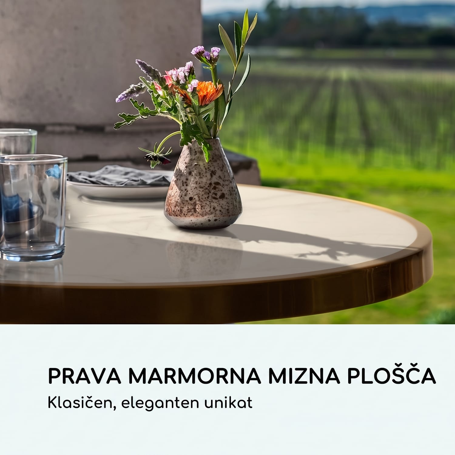 Patras Lux, bistro miza s podnožjem na treh nogah, marmornata miza, Ø: 57,5 cm, višina: 72 cm Črna / bela marmorna