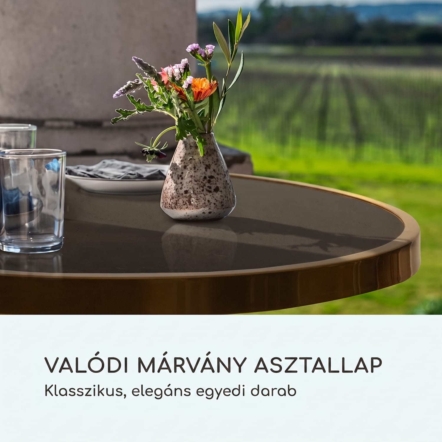 Patras Lux, bisztró asztal háromlábú talapzattal, márvány asztal, Ø: 57,5 cm, magasság: 72 cm Fekete / Fekete márvány