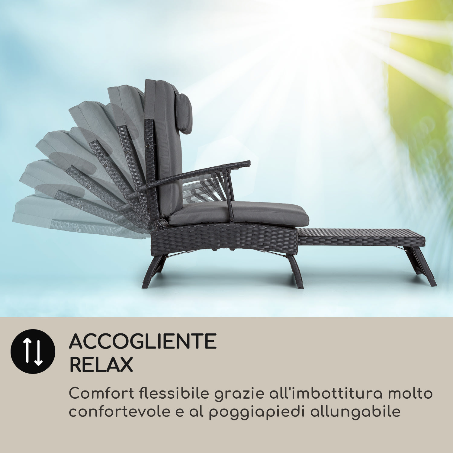Kos - Lounger, sedia a sdraio con poggiapiedi, telaio in acciaio, 6 posizioni Rattan grigio