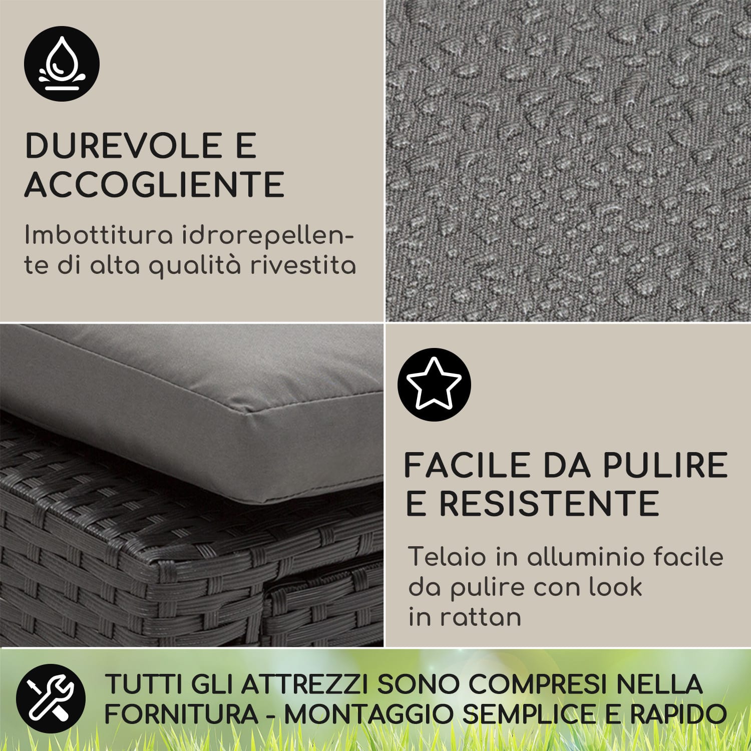 Kos - Lounger, sedia a sdraio con poggiapiedi, telaio in acciaio, 6 posizioni Rattan grigio