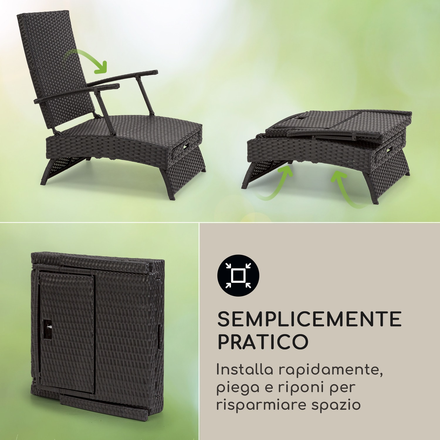 Kos - Lounger, sedia a sdraio con poggiapiedi, telaio in acciaio, 6 posizioni Rattan grigio
