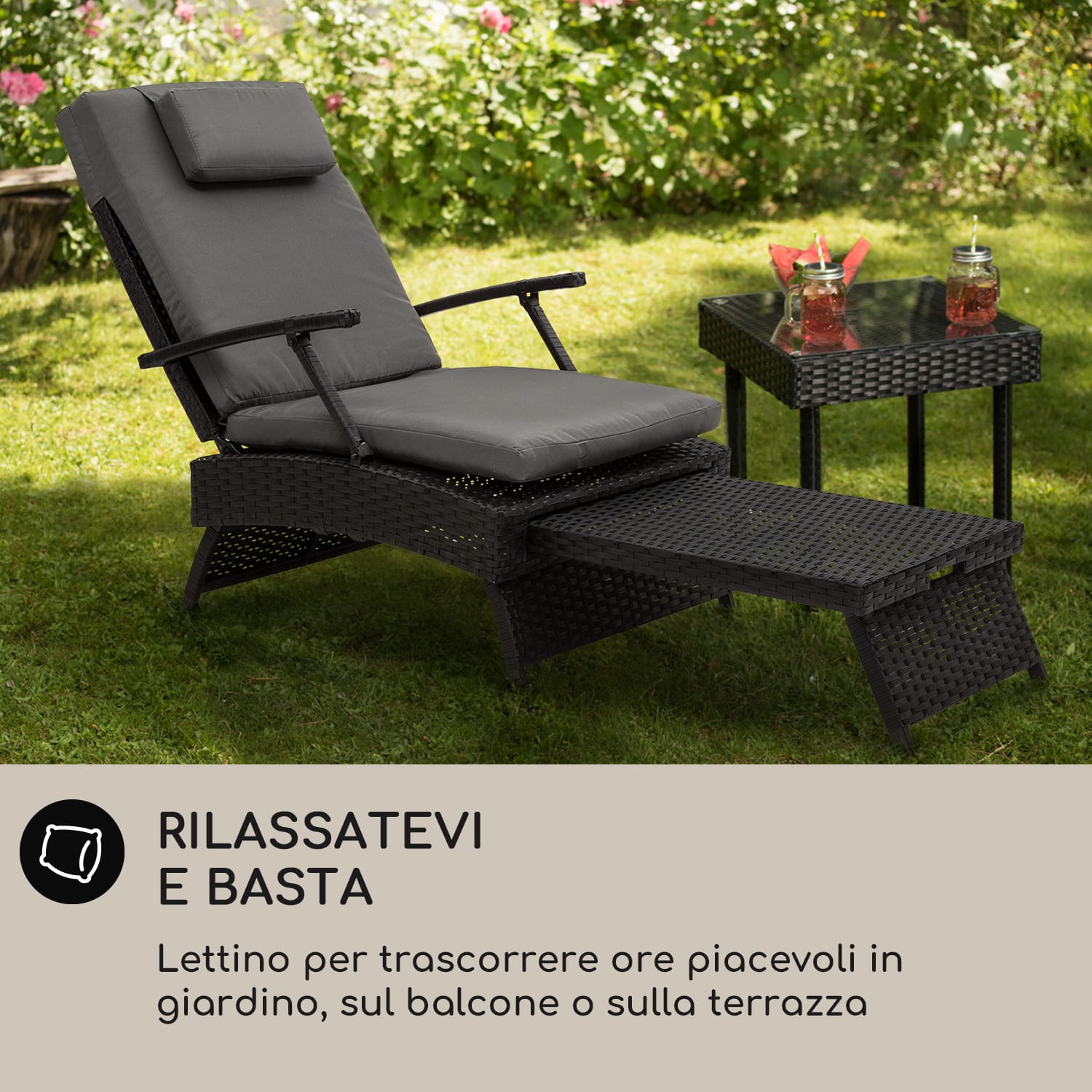Kos - Lounger, sedia a sdraio con poggiapiedi, telaio in acciaio, 6 posizioni Rattan grigio