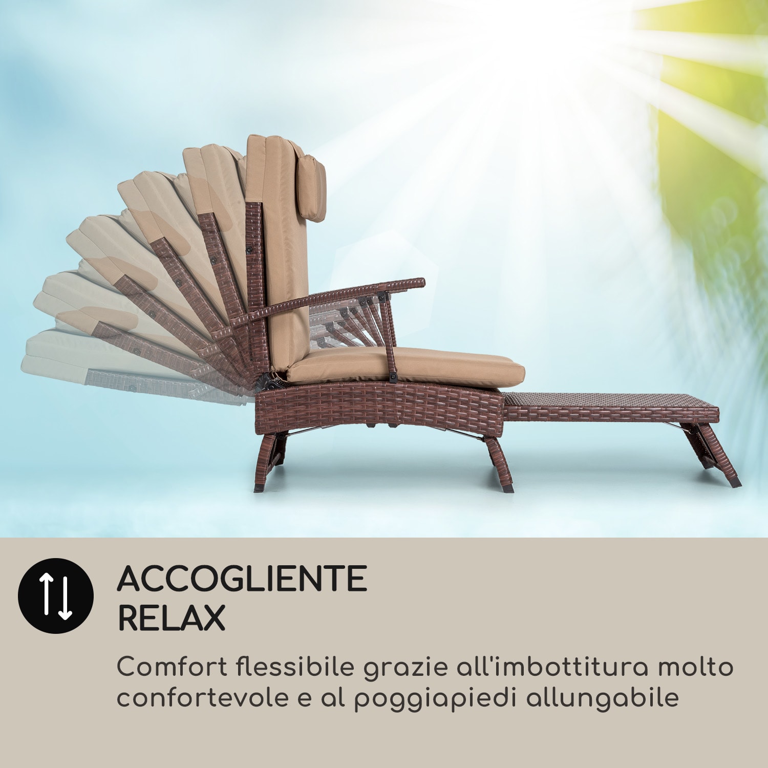 Kos - Lounger, sedia a sdraio con poggiapiedi, telaio in acciaio, 6 posizioni Rattan marrone