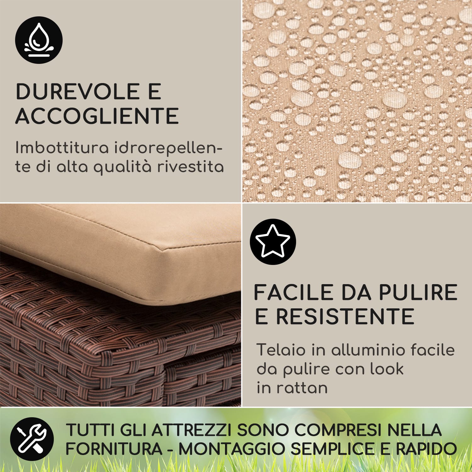 Kos - Lounger, sedia a sdraio con poggiapiedi, telaio in acciaio, 6 posizioni Rattan marrone