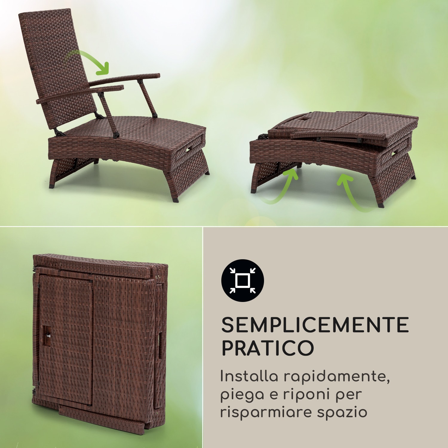 Kos - Lounger, sedia a sdraio con poggiapiedi, telaio in acciaio, 6 posizioni Rattan marrone