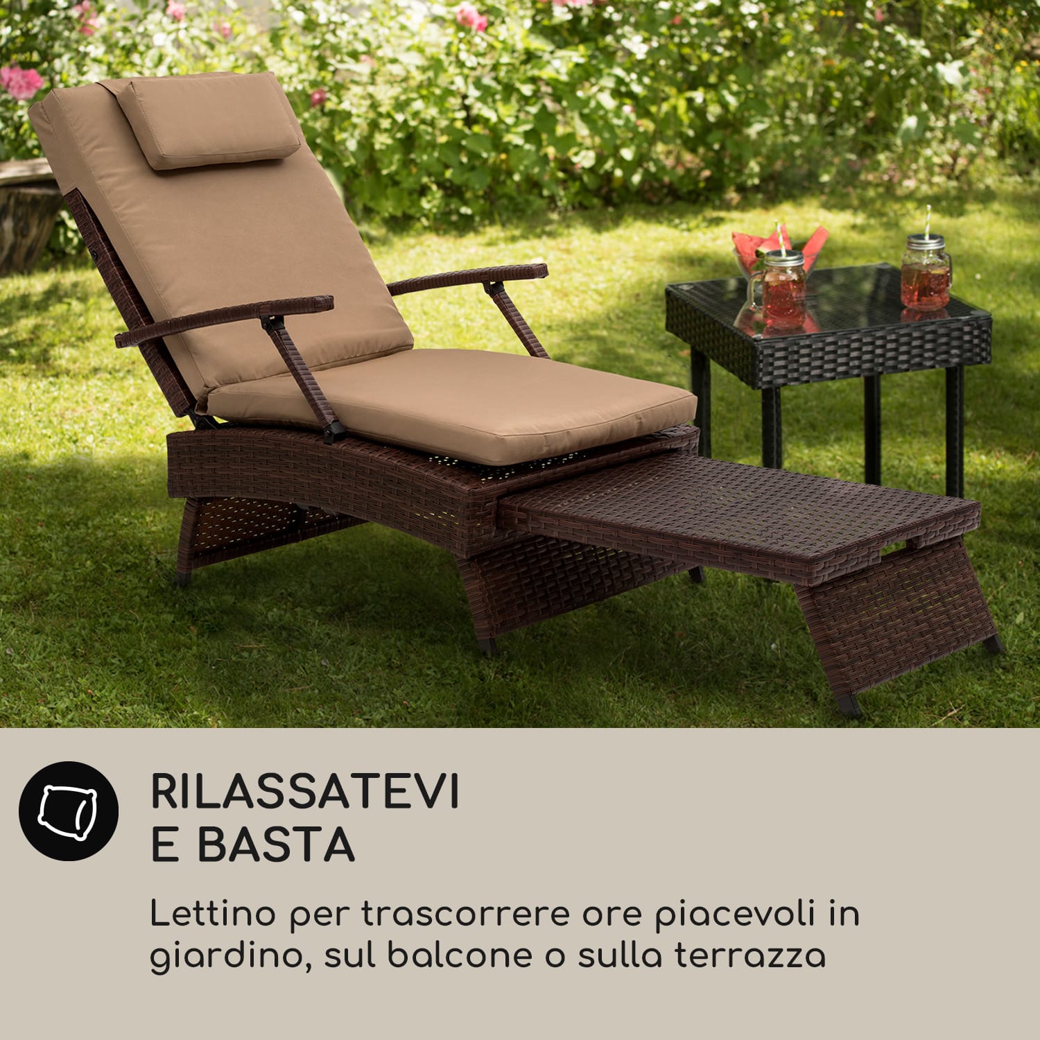 Kos - Lounger, sedia a sdraio con poggiapiedi, telaio in acciaio, 6 posizioni Rattan marrone
