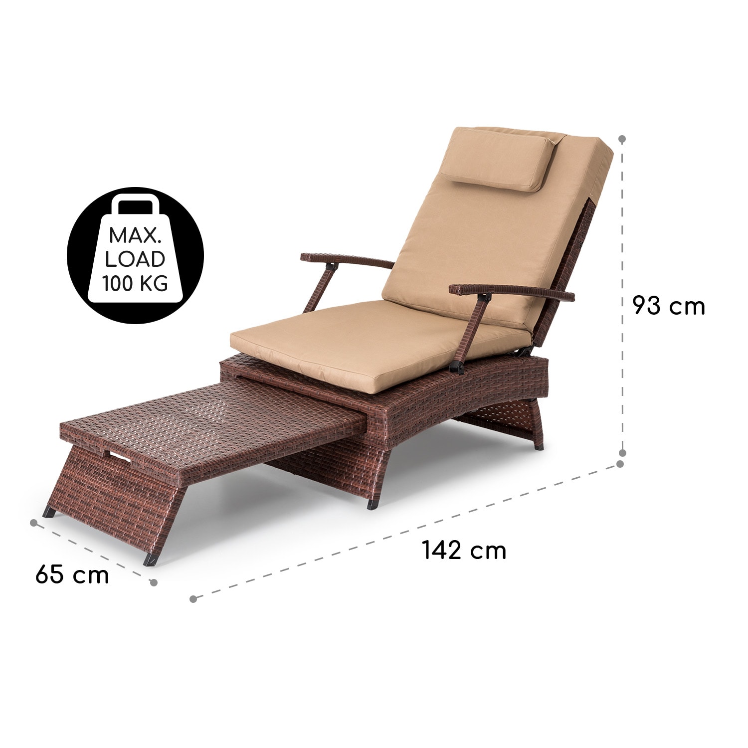 Kos - Lounger, sedia a sdraio con poggiapiedi, telaio in acciaio, 6 posizioni Rattan marrone