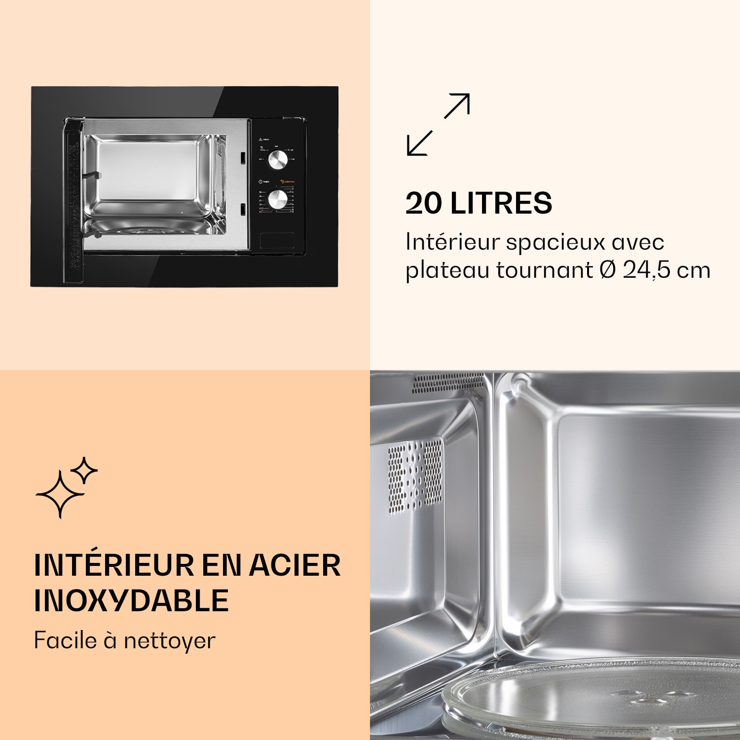Luminance Micro-ondes encastrable 20L 800W Décongélation encastrable 5 vitesses Plateau Ø 24,5cm Noir