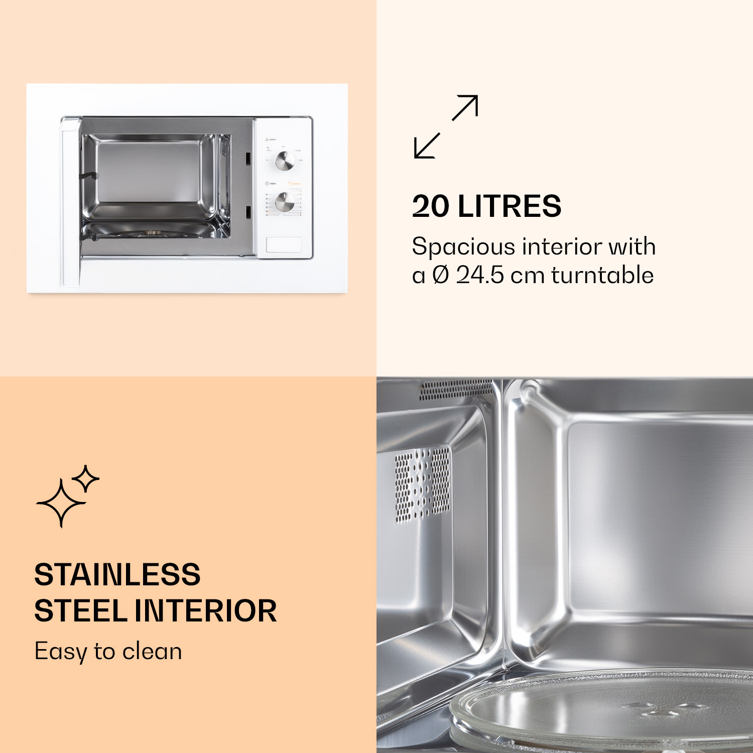 Luminance Inbouwmagnetron 20Ltr 800W Ontdooiing Inbouw 5 stappen Ø24,5cm Plaat 