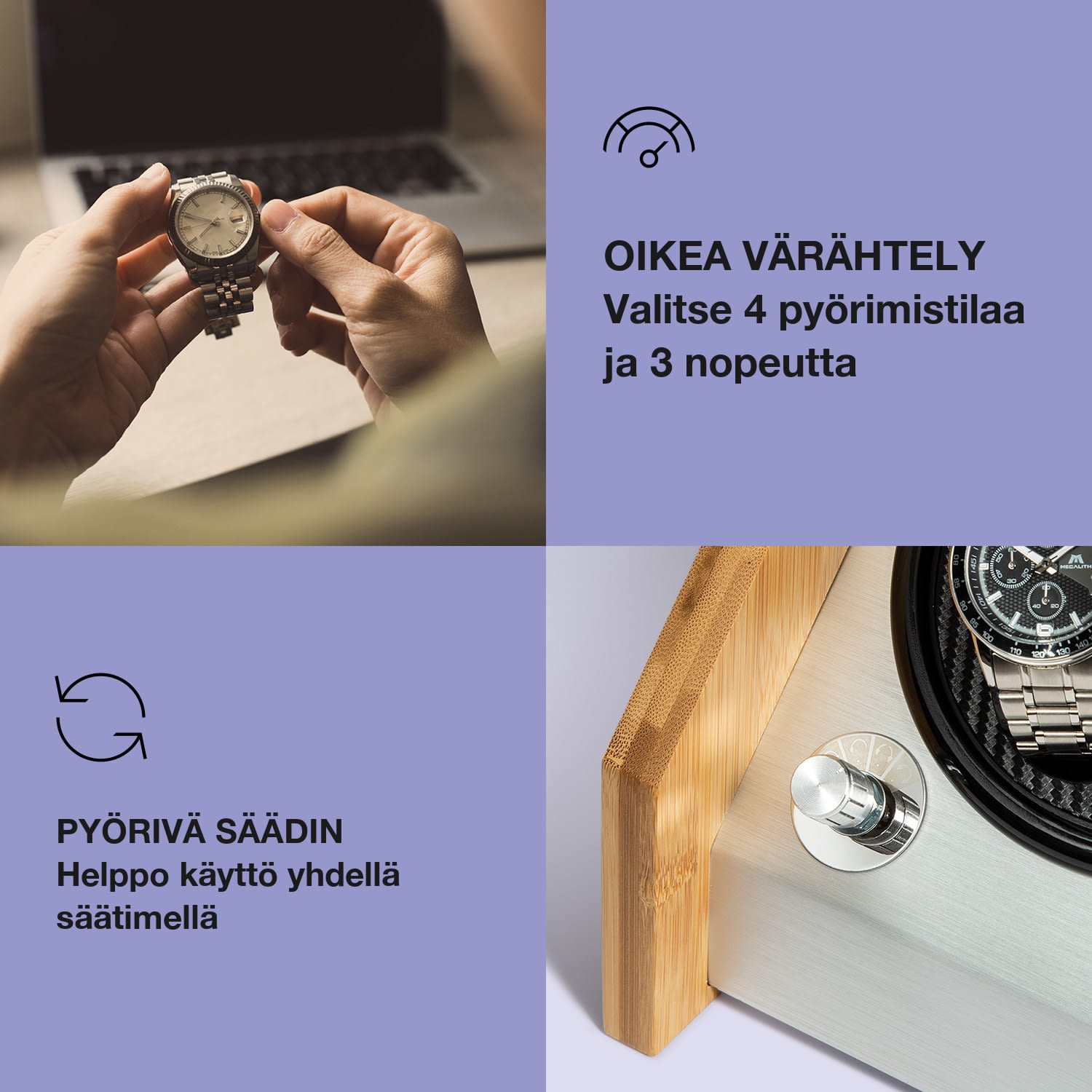 Garonne 2 kellonpyöritin, 1 pyörimisalusta, 2 kellolle, 3 nopeutta, 4 käyttötilaa, bambua 2 kelloa