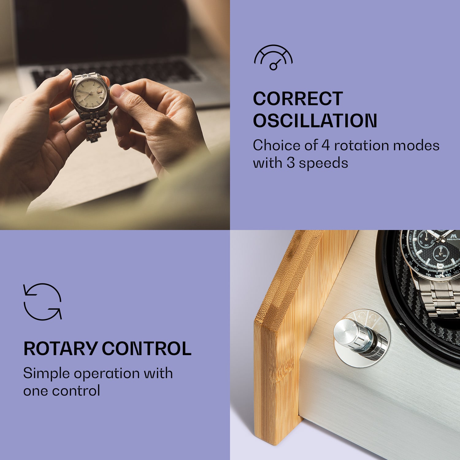 Garonne 4 kellonpyöritin, 2 pyörimisalustaa, 4 kellolle, 3 nopeutta, 4 käyttötilaa, bambua 4 kelloa
