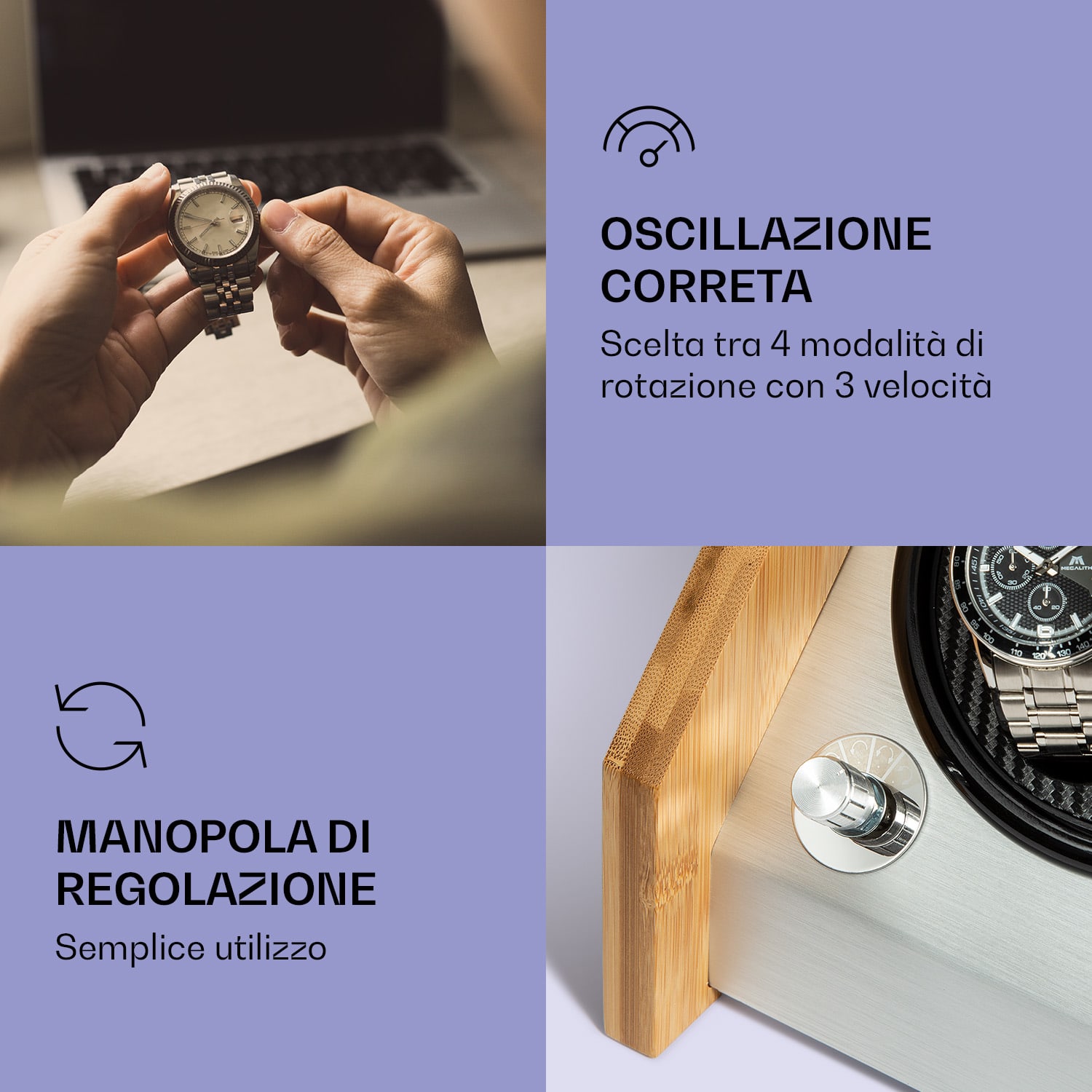 Garonne 6 portaorologi, 3 piatti girevoli, 6 orologi, 3 velocità, 4 modalità di rotazione, bambù 6 orologi