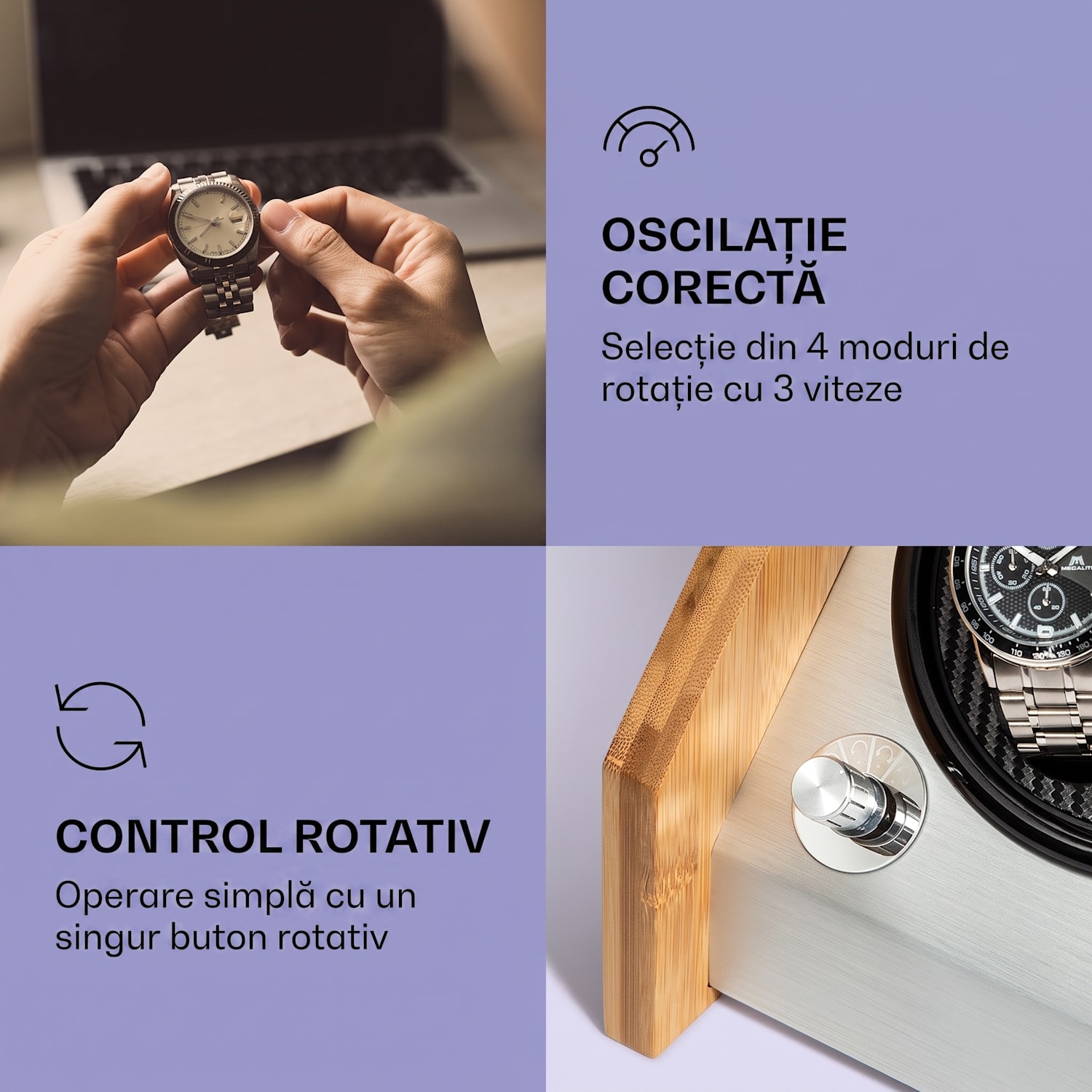 Garonne 6, cutie pentru întors ceasuri, 3 plăci rotative, pentru 6 ceasuri, 3 viteze, 4 moduri, bambus 6 watches