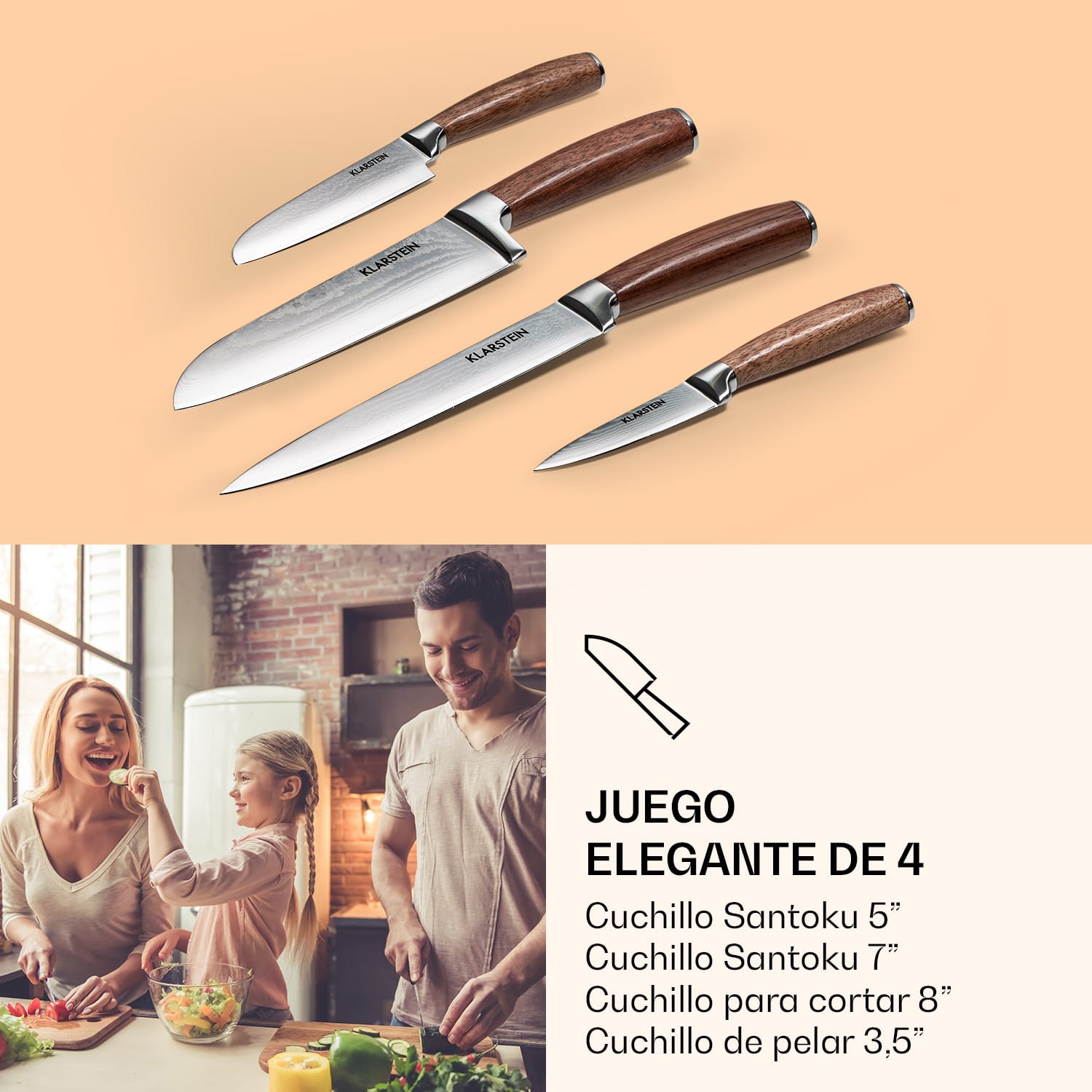 Kaito Damaszener Set de cuchillos 4 piezas muy afiladas mangos de palo rosa 