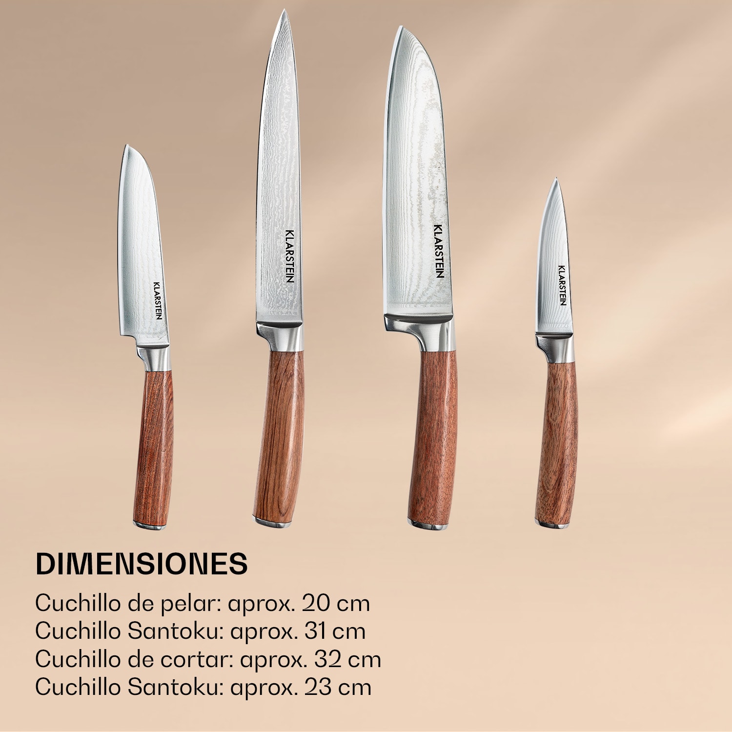 Kaito Damaszener Set de cuchillos 4 piezas muy afiladas mangos de palo rosa 