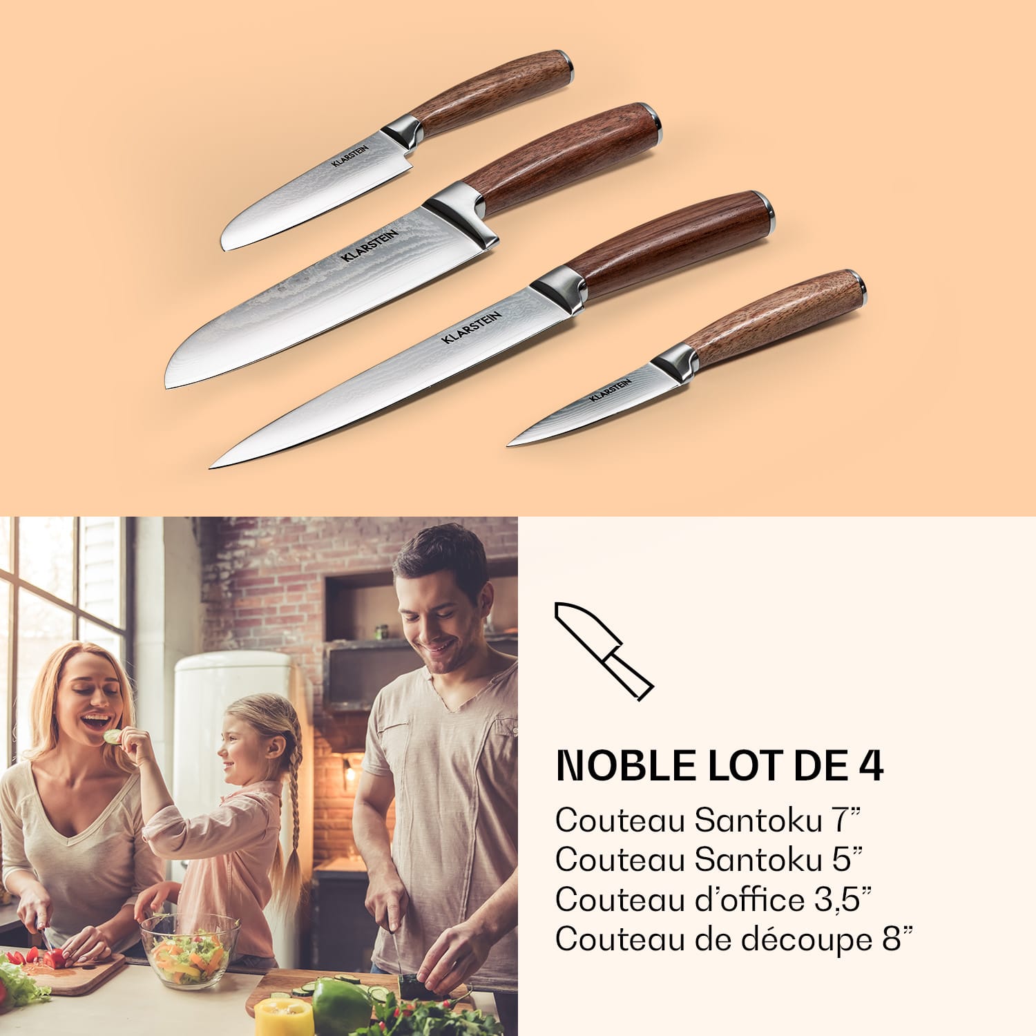 Kaito ensemble de couteaux en acier de Damas 4 pièces manche extra-fort en bois de rose 