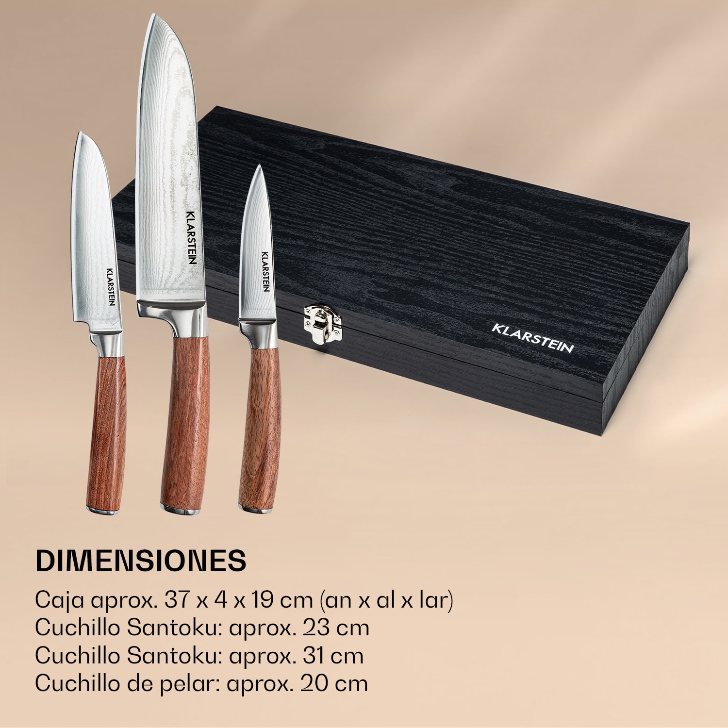 Juego de cuchillos Kishiko, acero de Damasco 3 piezas, extra afilado, mango de madera palisandro 