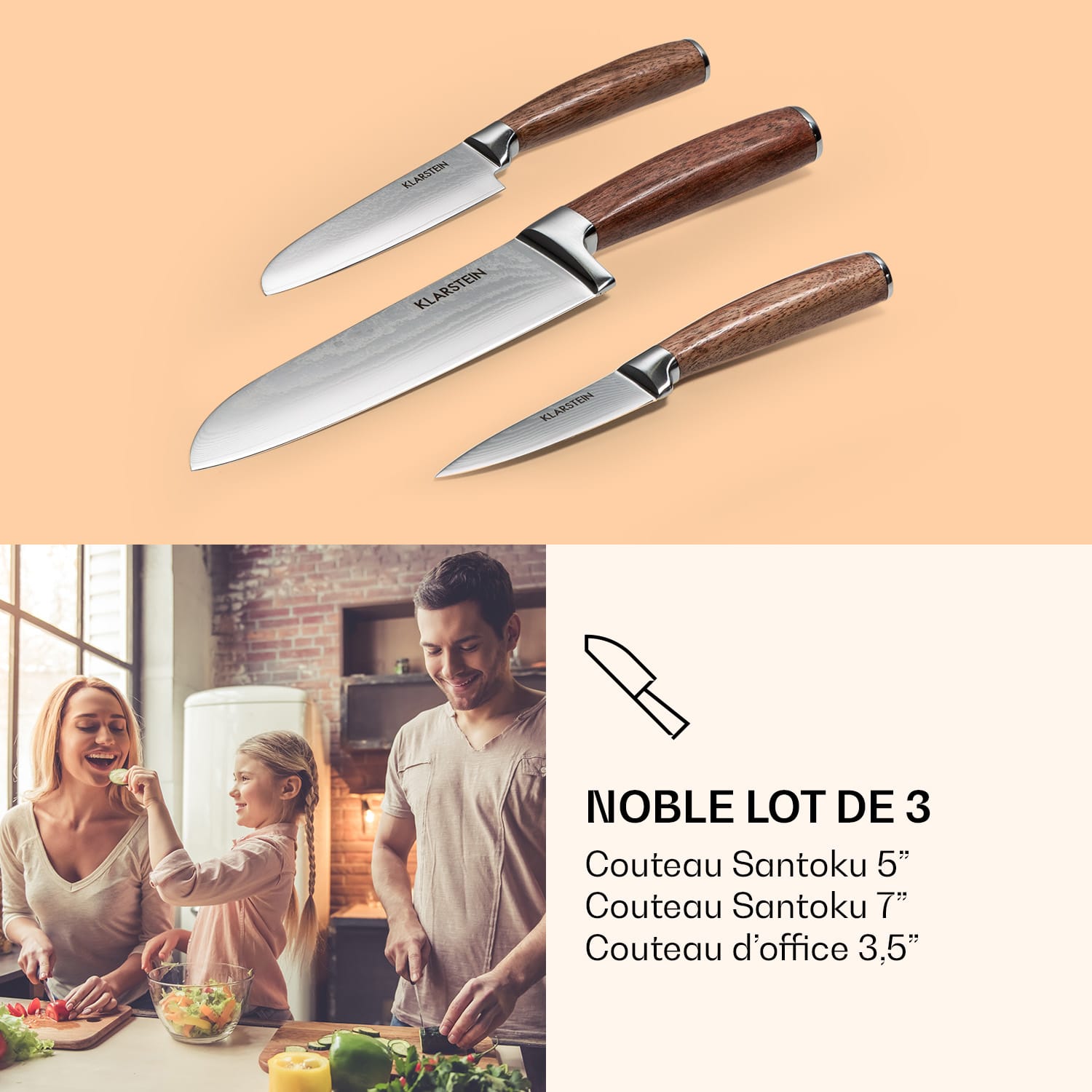 Set de couteaux Kishiko 3 pièces en acier damassé extra tranchant Manches en bois de rose 
