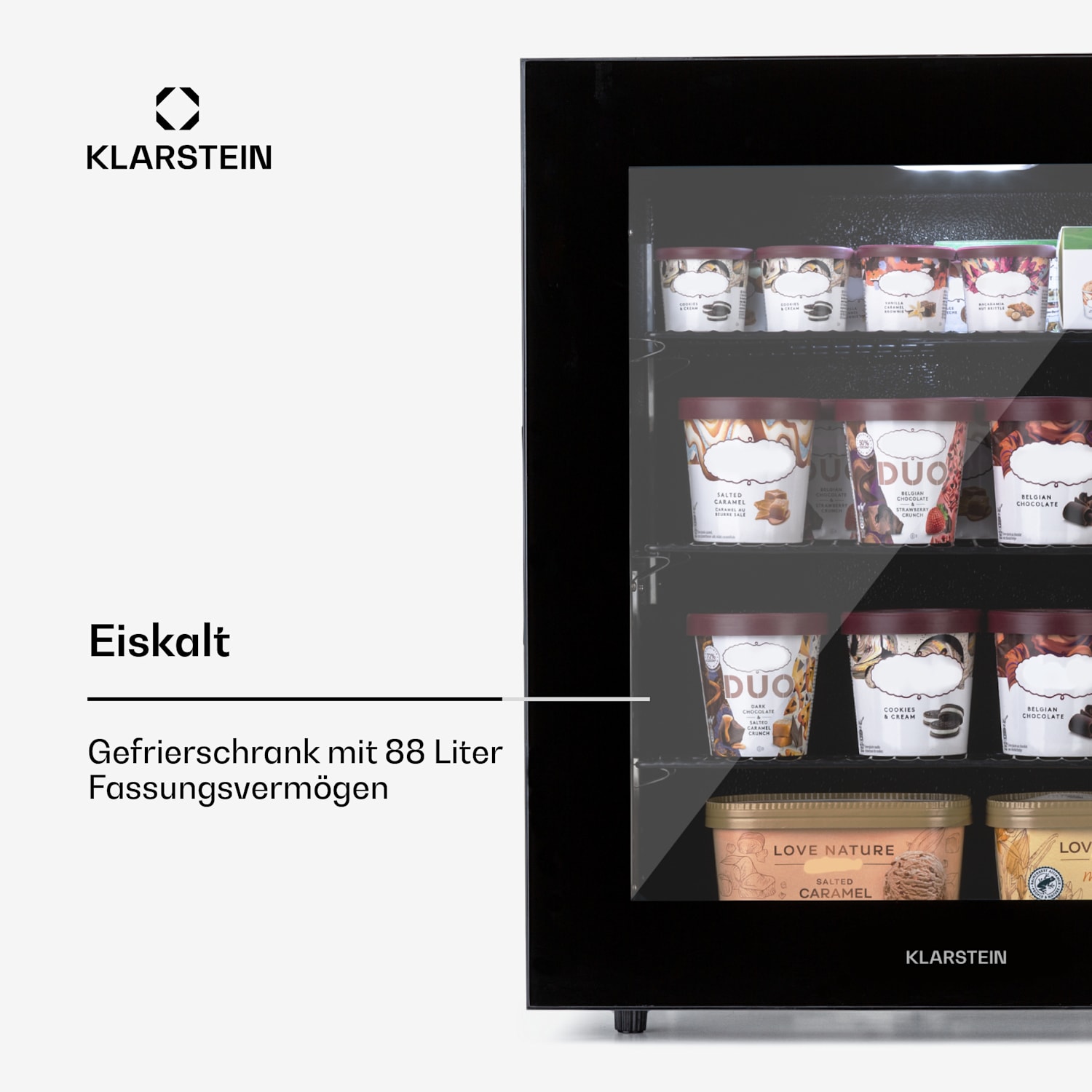 IceAge 88 Congélateur 88 litres classe E 3 étagères thermostat façade en verre 88 L | Noir